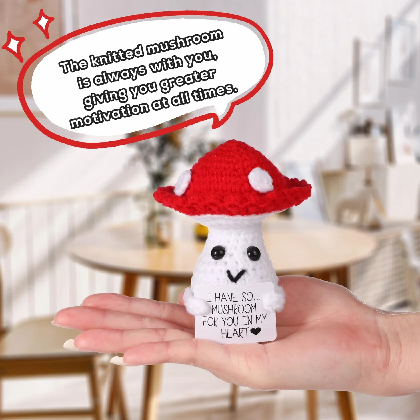 Zabawny Pozytywny Grzyb, 10cm Kreatywna Sliczna Dzianinowa Welniana Lalka Grzybowa z Inspirujaca Karta Prezent Przynoszacy Szczescie na Pluszowy Prezent Urodzinowy Dekoracja Swiateczna Zacheta