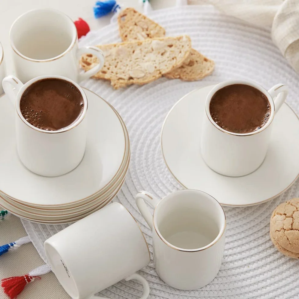 Karaca Elda Porcelanowy zestaw filiżanek do espresso i tureckiej kawy 80 ml biały złoty 6-12 sztuk