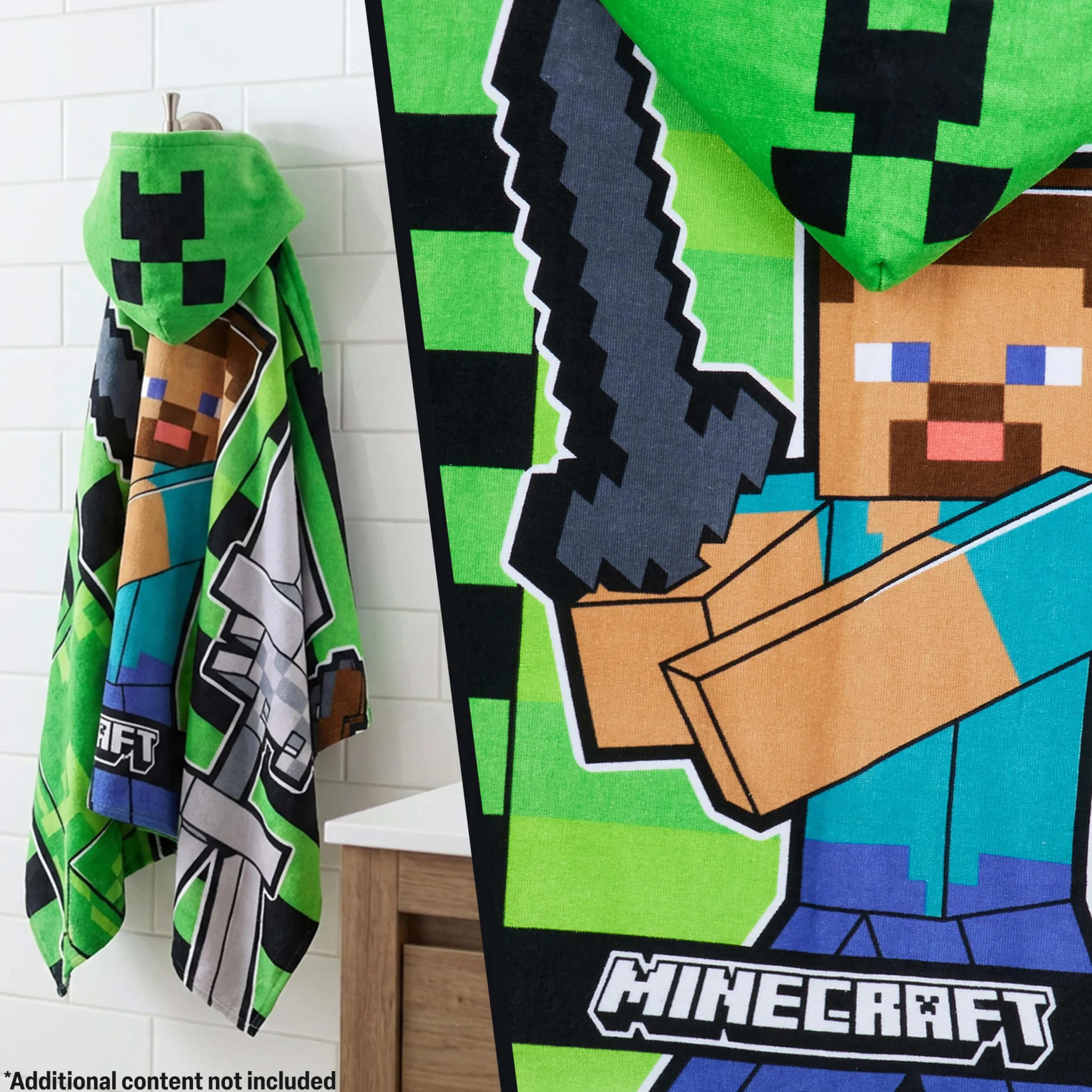 Minecraft ręcznikowe ponczo dziecięce nastolatki z kapturem ręcznik plażowy zielony czarny 6-14 lat