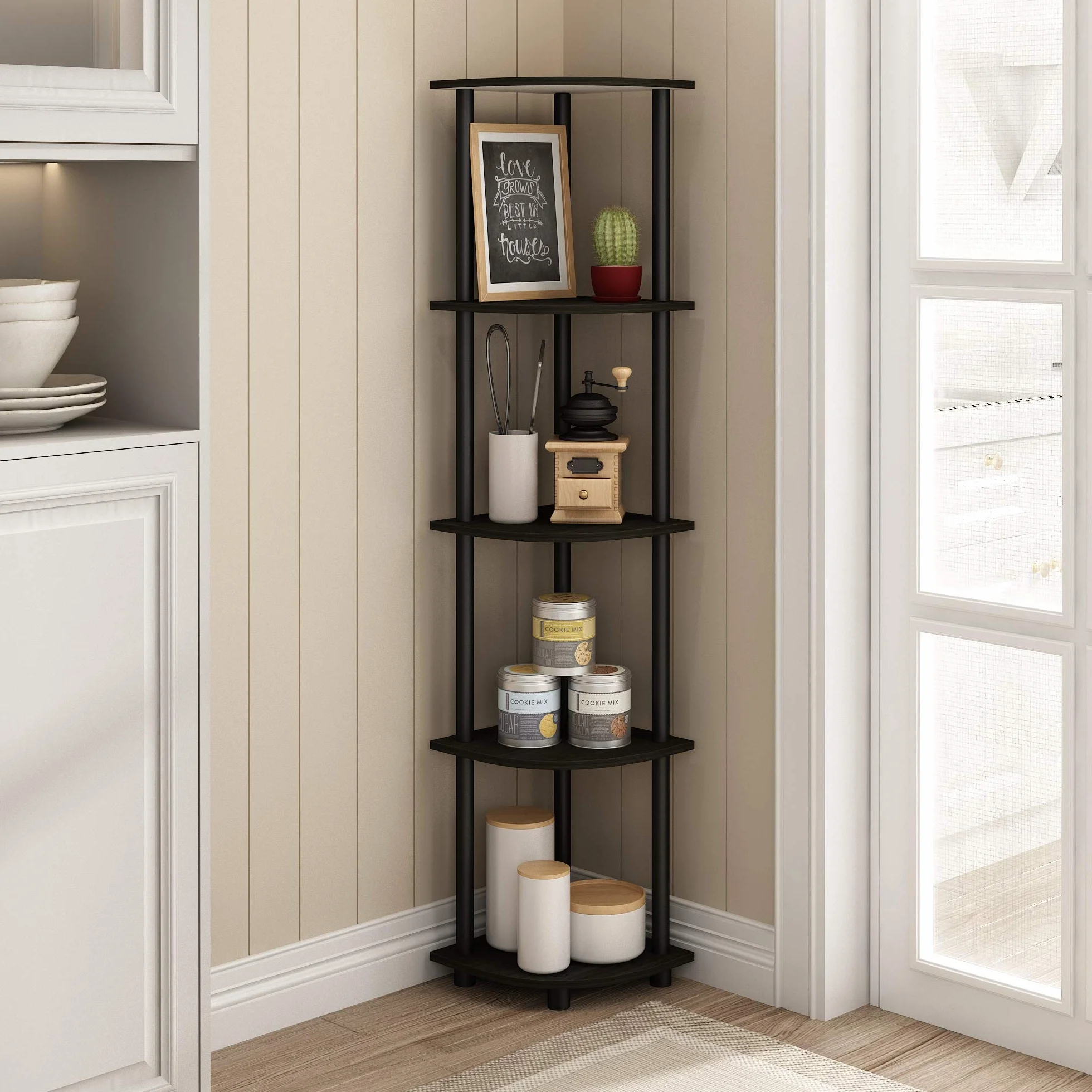 Furinno Regał narożny z 5 poziomami, regał wielofunkcyjny, drewno kompozytowe, rury PCW, espresso/czarny, 29,46 x 29,46 x 146,56 cm