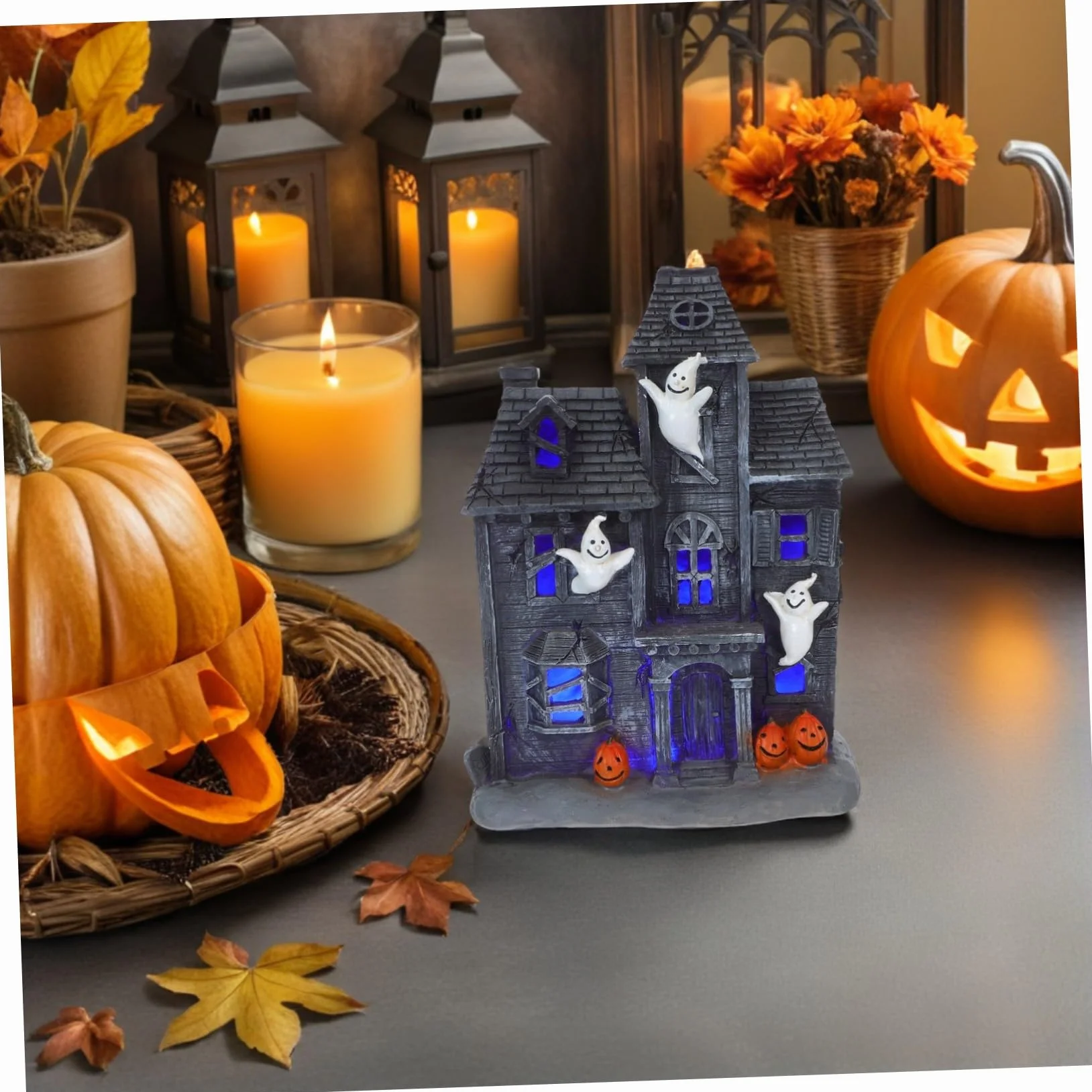 iplusmile LED Świecąca Figurka Strasznego Domu Strachów Dekoracja Stołowa z Żywicy Halloween Świetlna Ozdoba Przyjęcie i Dekorację Wioski Duchów
