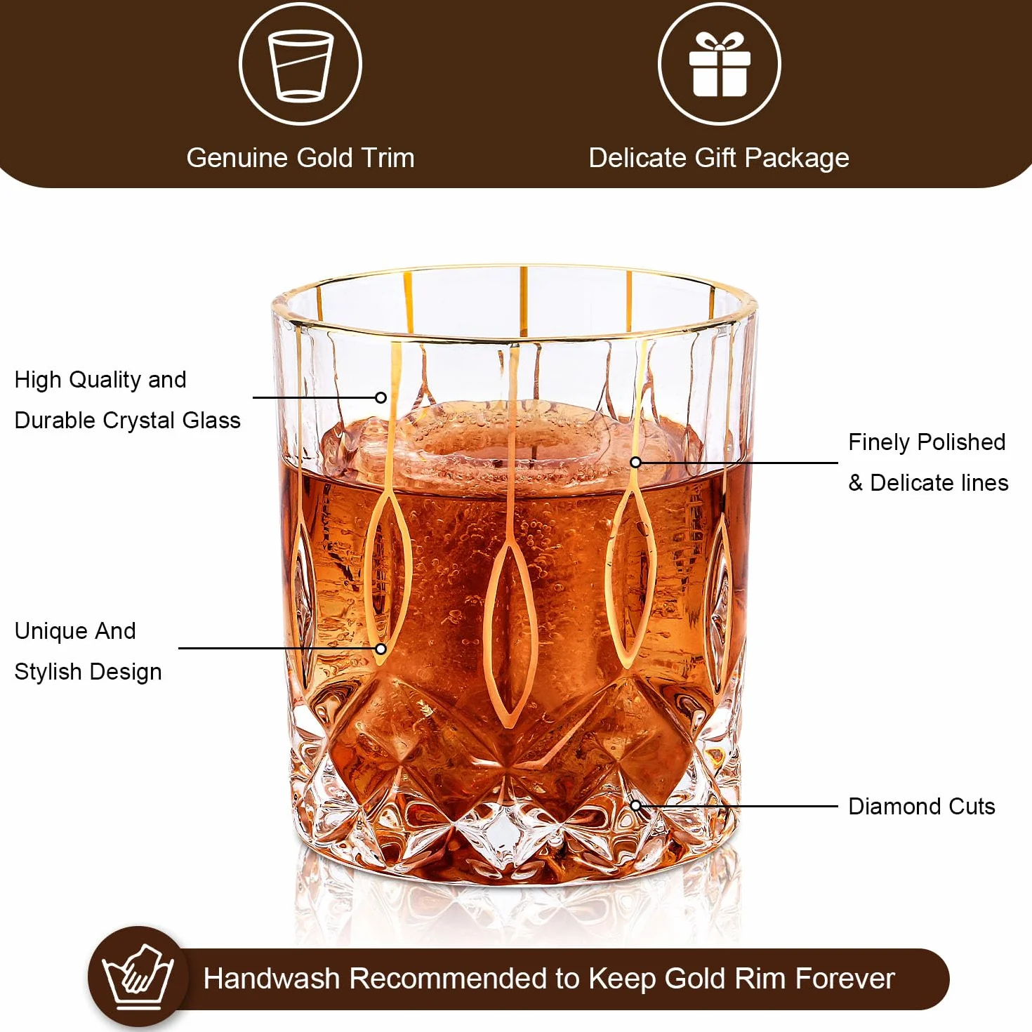 GLASKEY Zestaw 2 Szklanki do Whisky 320 ml Staromodne Kieliszki ze Złotym Rantem
