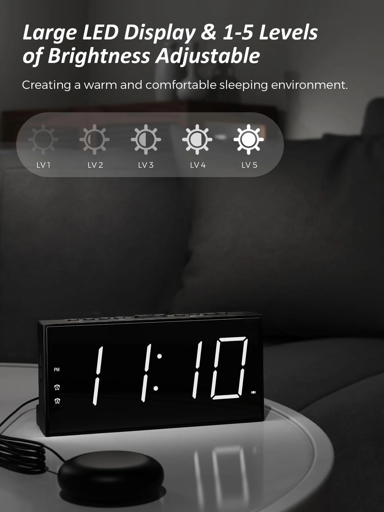 Mesqool Głośny budzik wibracyjny z funkcją spania dla niesłyszących, podwójny alarm, USB, duży wyświetlacz, 12/24h