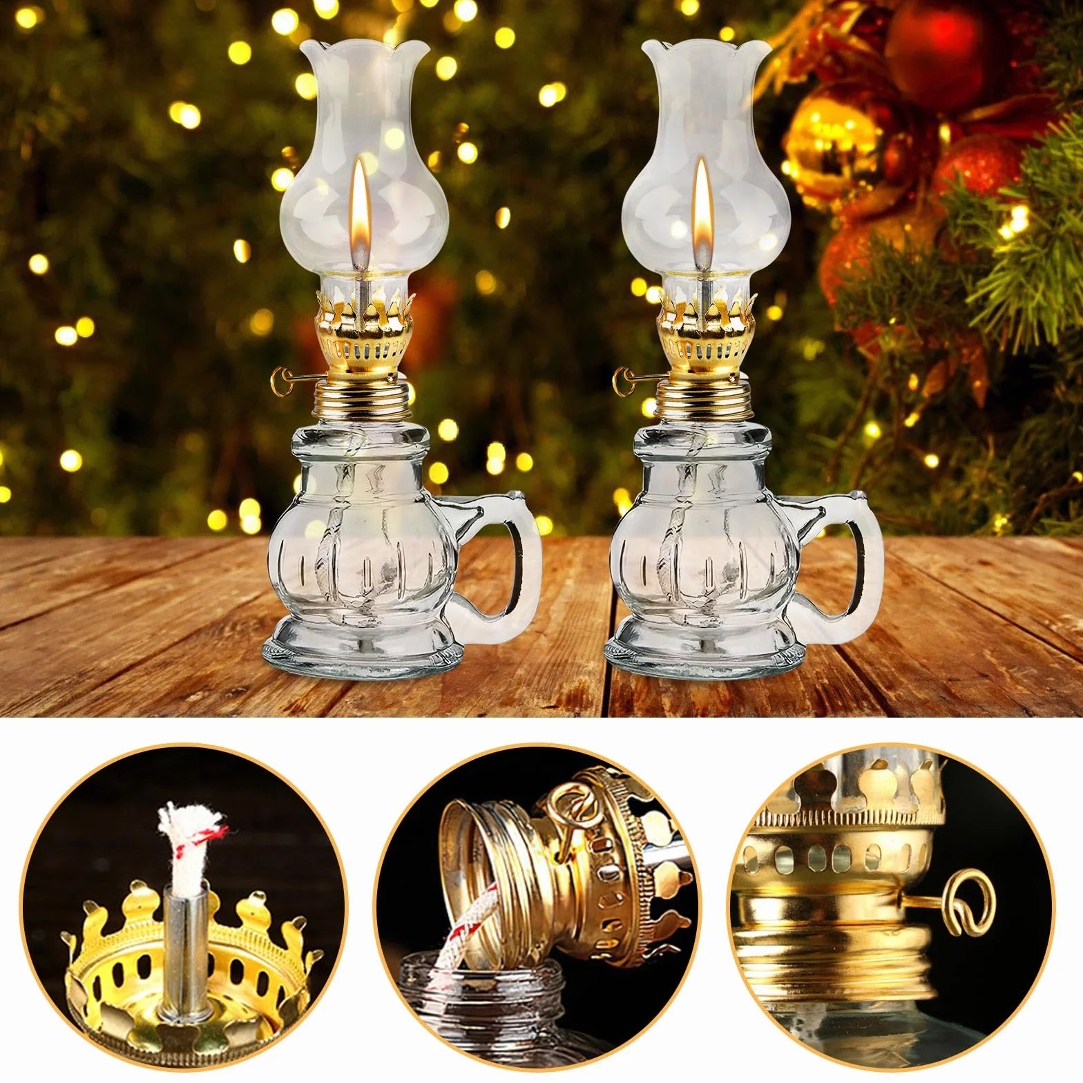 Wewnętrzna Lampa Olejowa - 2 Sztuki Przezroczystej Szklanej Lampy z Regulowaną Jasnością, Retro Nostalgiczna, Wiatroszczelna Dekoracyjna do Salonu, Jadalni, Awaryjnego