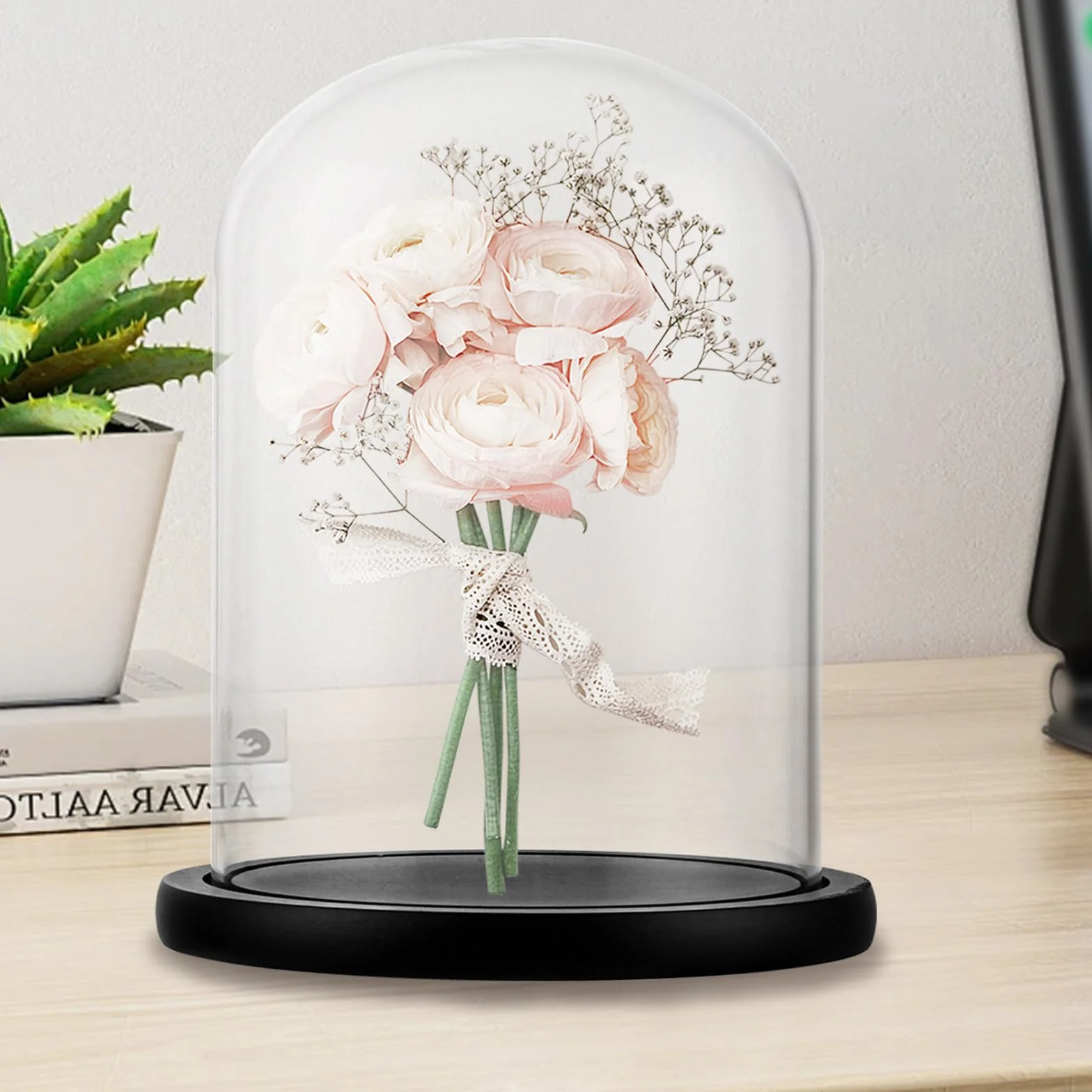Szklany dzwon z drewnianą podłogą, czarny, wysokość 21 cm, średnica 15 cm