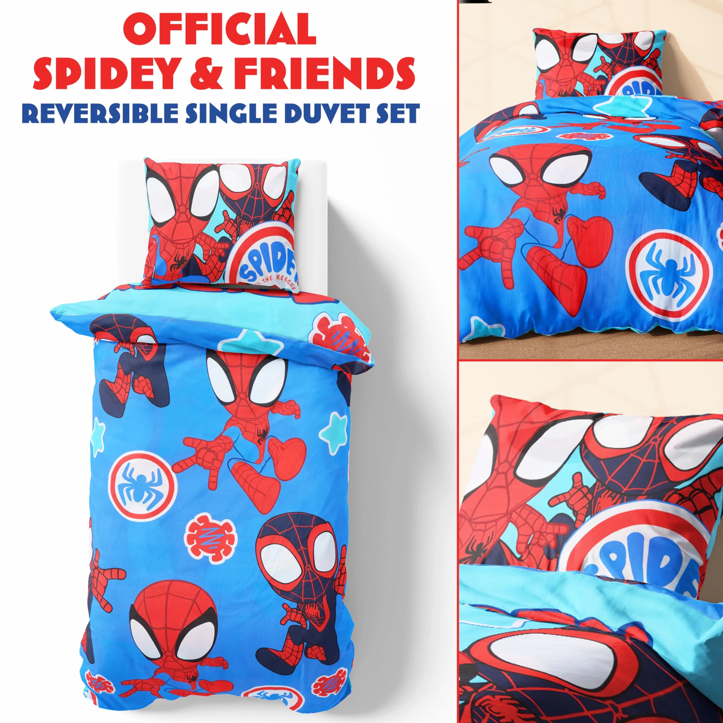 Marvel Spiderman poszewka na kołdrę i poszewka na poduszkę, zestaw pościeli dla dzieci i nastolatków, akcesoria do sypialni, rozmiar pojedynczy (niebieski pająk)