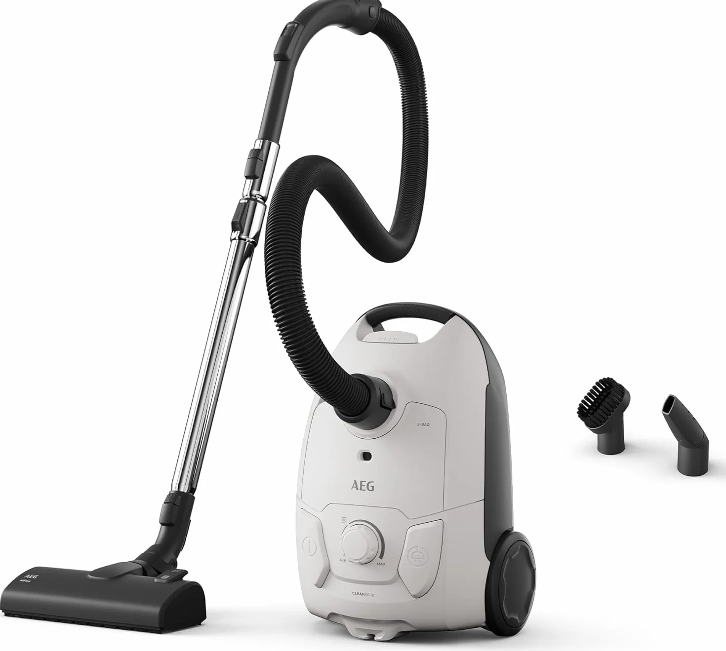 AEG CLEAN 5000 AB51C1SW odkurzacz z workiem, wysoka moc ssania, 37% tworzywo sztuczne z recyklingu, ssawka podłogowa AllFloor z systemem zatrzaskowym, wielofunkcyjna dysza 2 w 1, promień działania 8,5