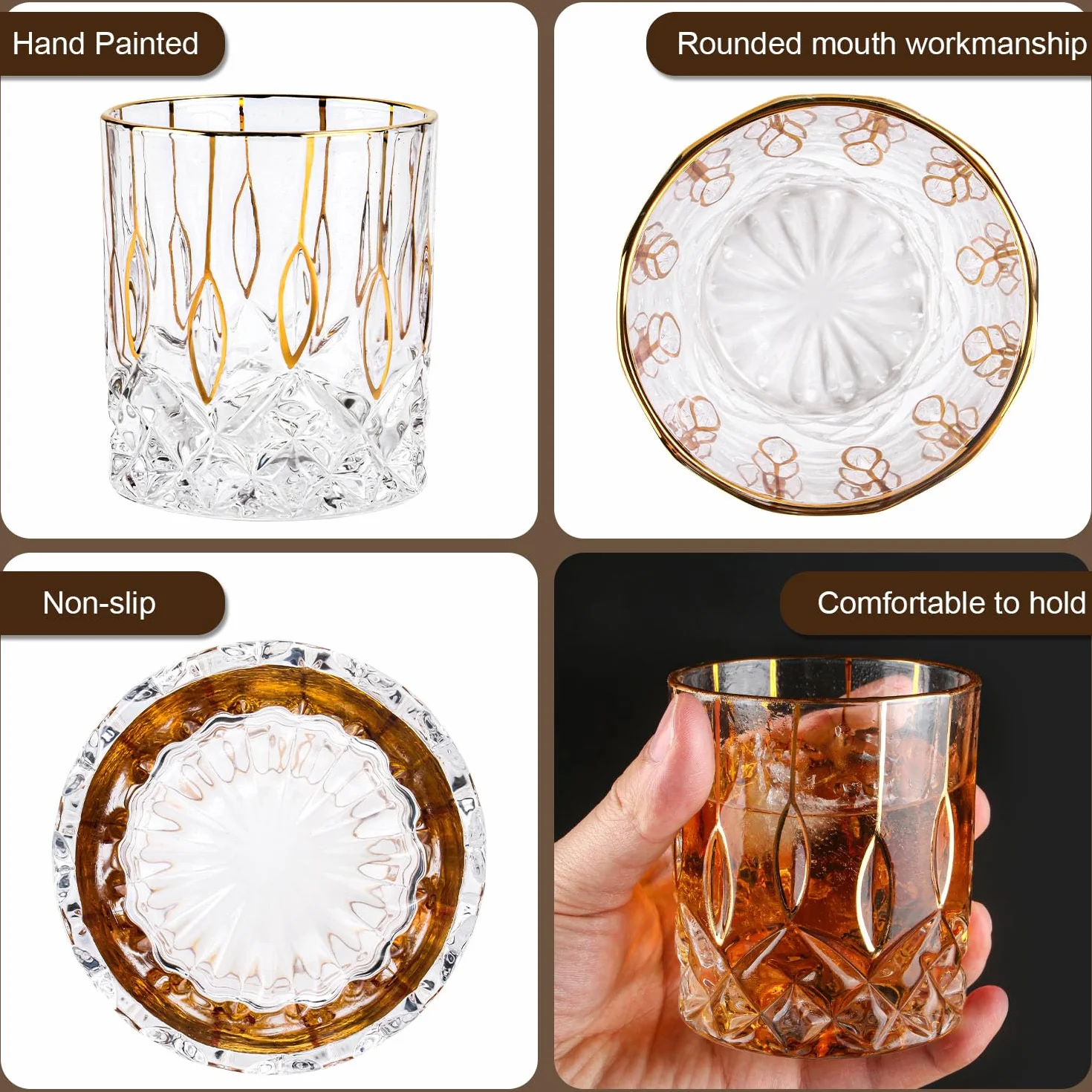 GLASKEY Zestaw 2 Szklanki do Whisky 320 ml Staromodne Kieliszki ze Złotym Rantem