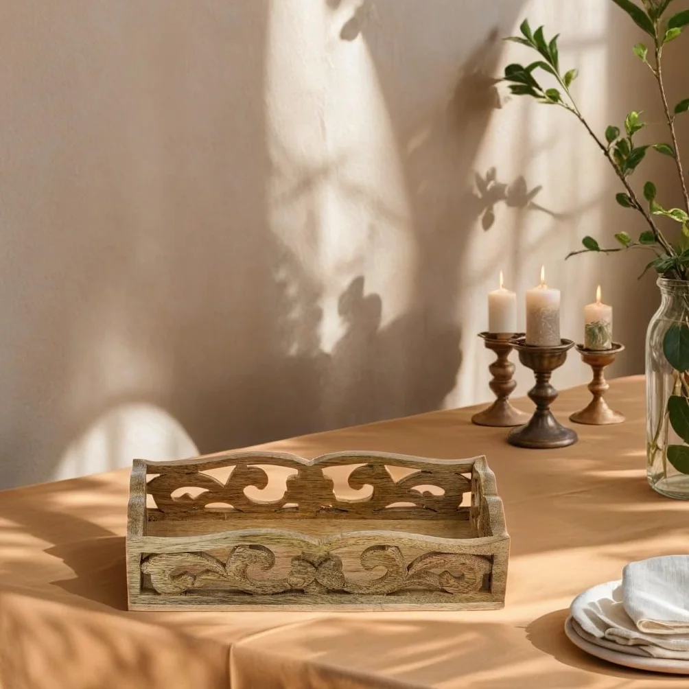 Marrakesch Boho dekoracyjna prostokątna drewniana taca do serwowania, 25 x 15 cm, brązowe drewno, 100% drewno, idealna do kuchni, salonu, dekoracji sypialni i śniadania w łóżku