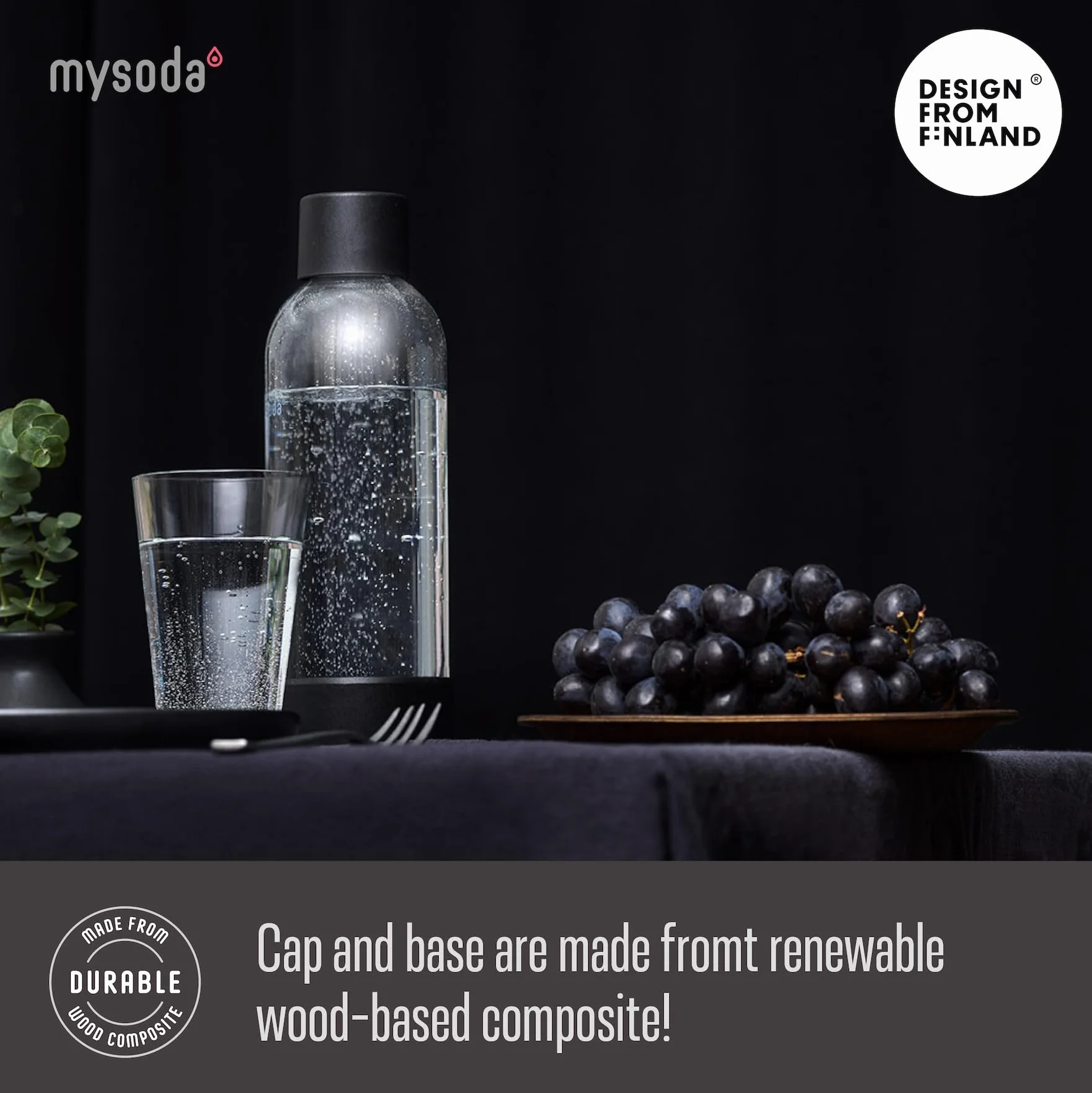 Mysoda: Plastikowa butelka na wodę wielokrotnego użytku, nie zawiera BPA, do saturatora z Quick-Lock, detale kompozytu drewnianego, 2 x 0,5 l – czarna