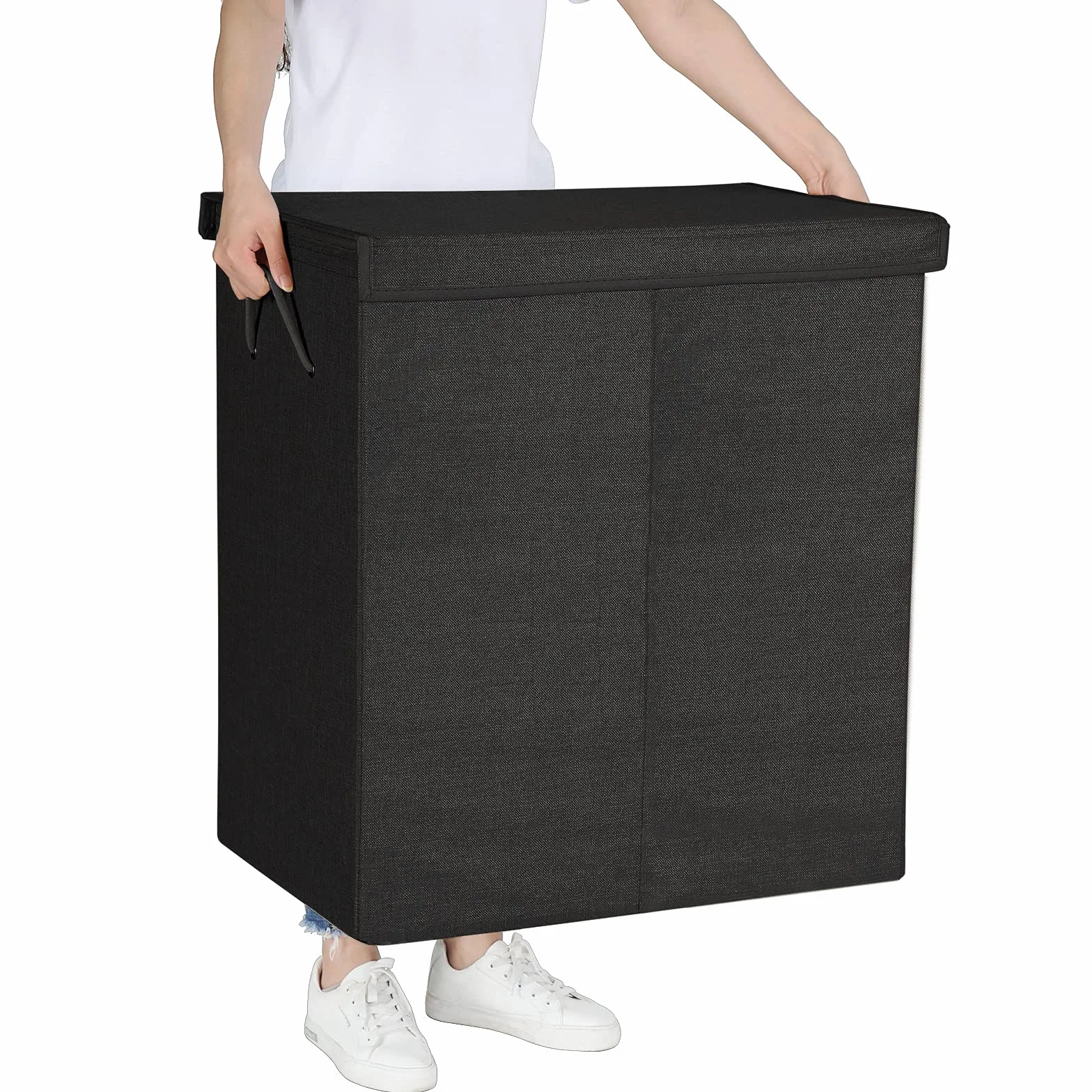SONGMICS kosz na pranie 142 l, imitacja lnu, składany, czarny LCB02BK