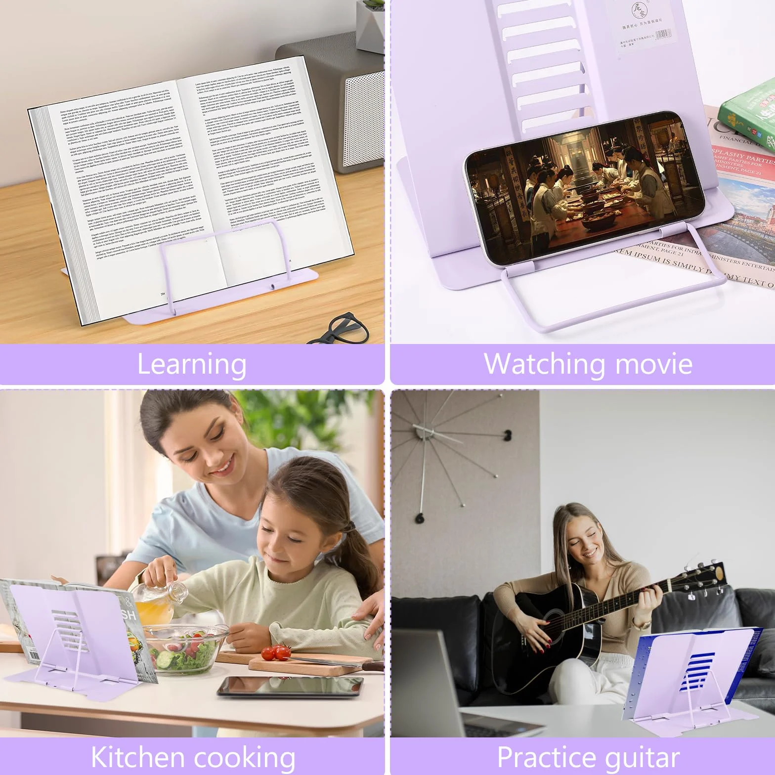 Stojak na książki, regulowany metalowy stojak do studia, składany stojak do czytania regulowany od 45° do 60°, do tabletu muzyki, książki z przepisami, szkoły, kuchni, biura (fioletowy)