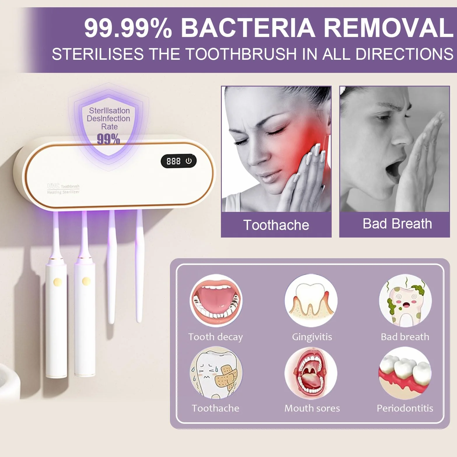 mumisuto UV Sanitizer uchwyt na szczoteczki do zębów, ścienny, bez wiercenia, z funkcją suszenia i timera, 1800 mAh, z możliwością ponownego ładowania, 4 otwory, akcesoria łazienkowe dla dzieci i