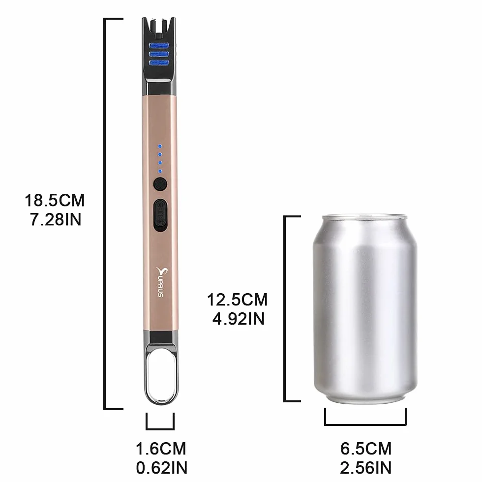 SUPRUS Zapalniczka do świec, elektryczna, z łukiem świetlnym, wiatroszczelna, bezpłomieniowa, do ponownego ładowania przez USB, z oświetleniem LED, na kemping, do grillowania, gotowania (złota)