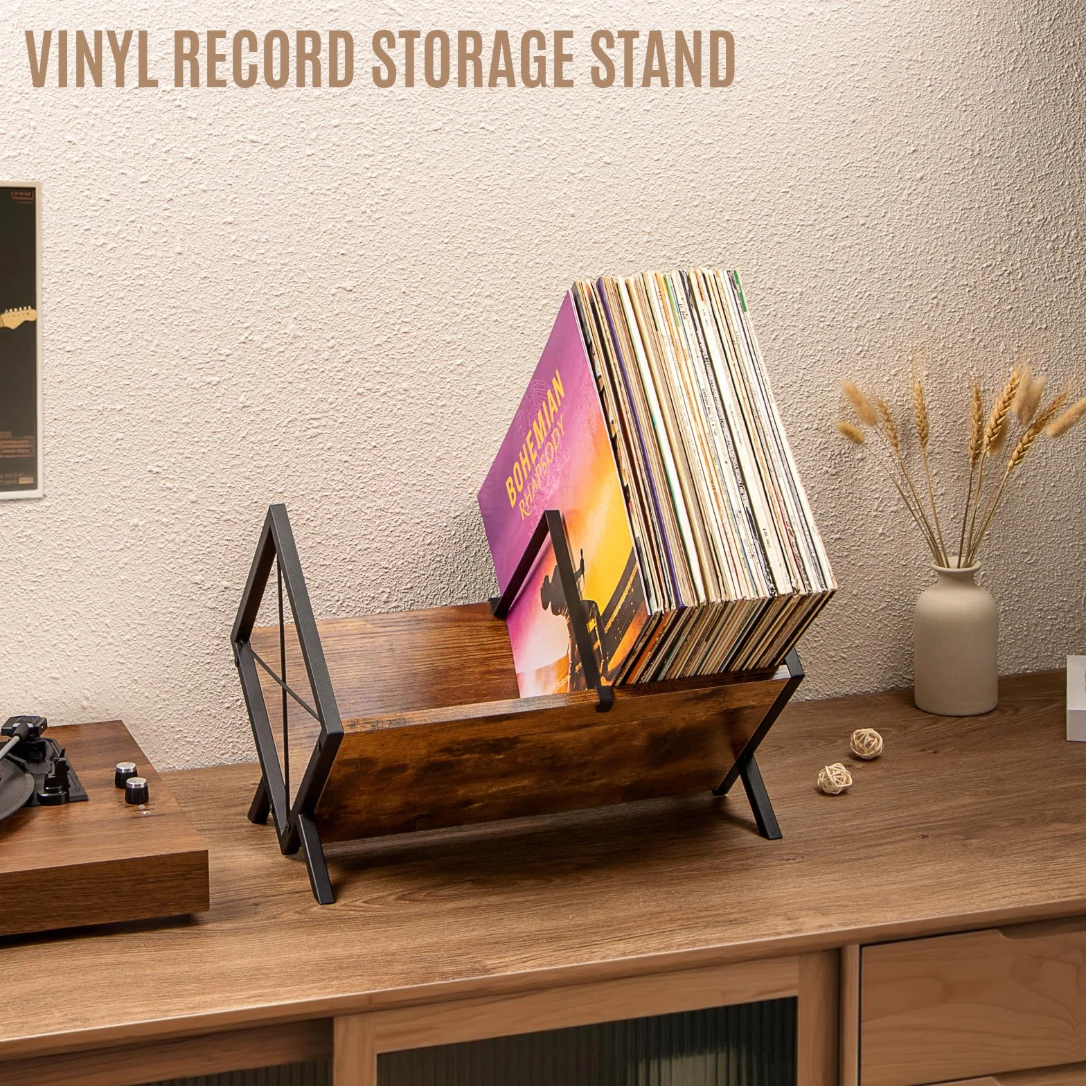 PUERSI Stojak do przechowywania płyt winylowych, uchwyt do przechowywania płyt 80 LP, 1-poziomowa półka ekspozycyjna z regulowaną przegrodą, organizer na albumy, czasopisma, książki, teczki, brązowy