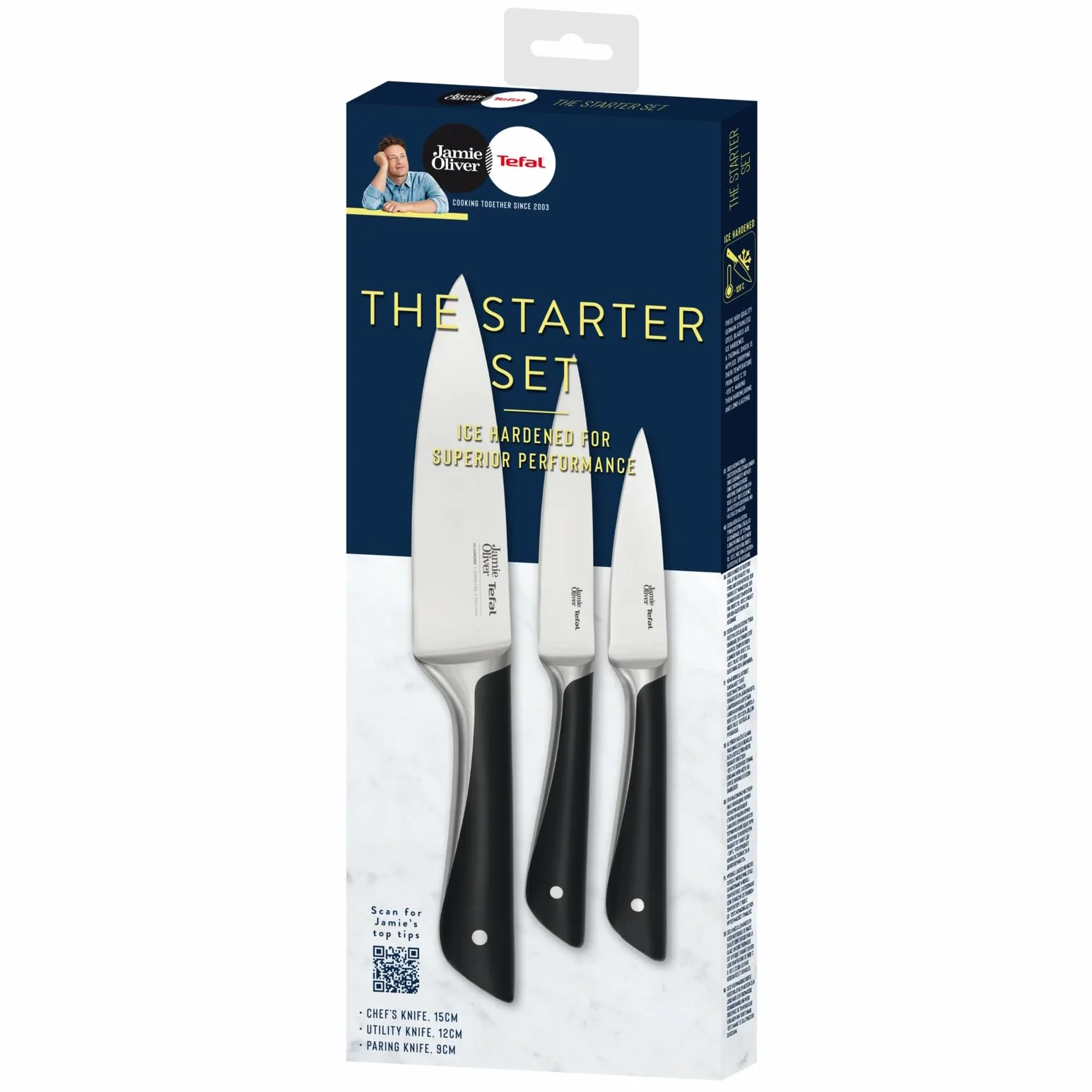 TEFAL K267S3 Jamie Oliver 3-częściowy zestaw noży | nóż szefa kuchni | nóż uniwersalny | wysoka wydajność cięcia | niepowtarzalny design | wytrzymałe ostrza | stal nierdzewna/czarna