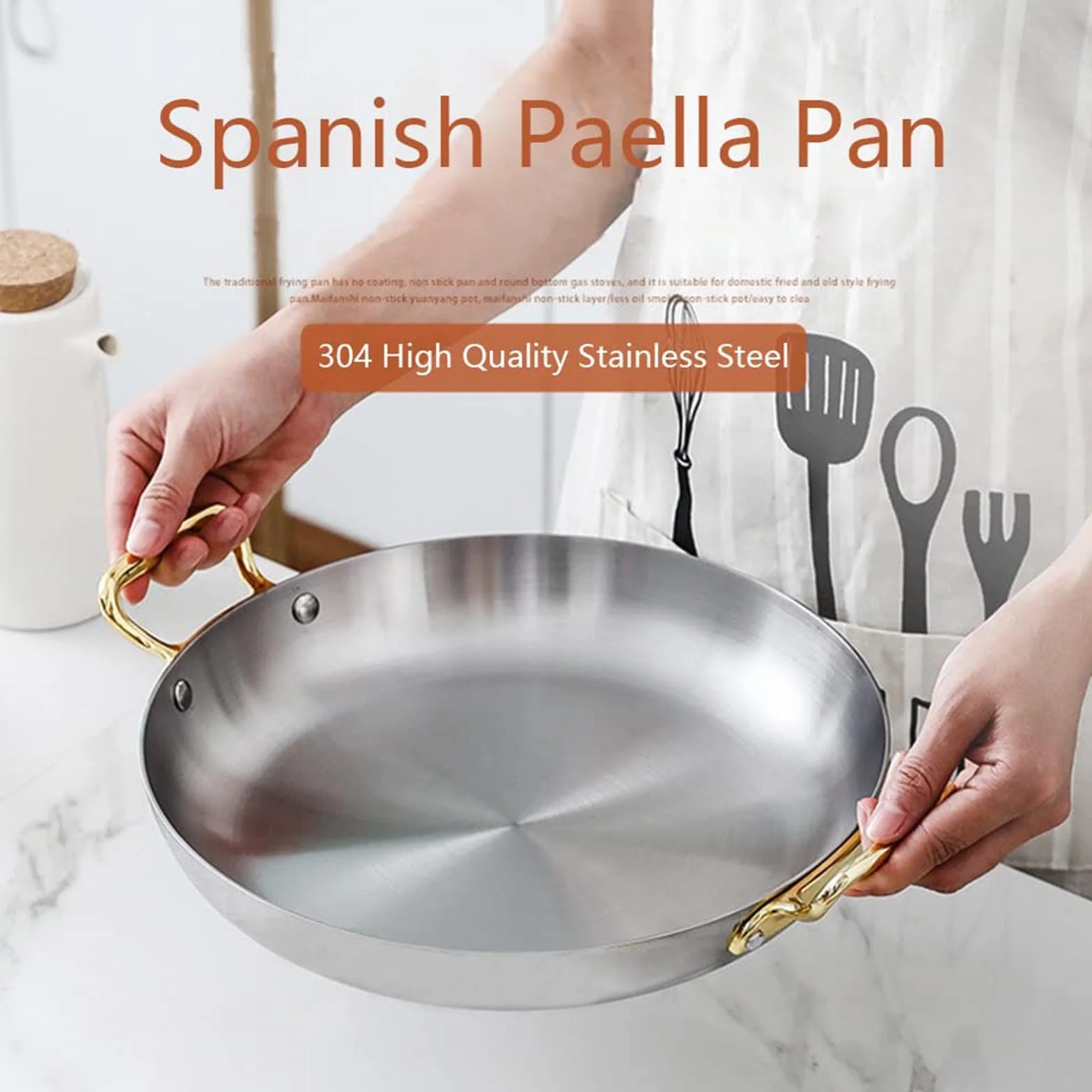 Hiszpańska patelnia do paelli ze stali nierdzewnej 28 cm, nieprzywierająca, nitowane uchwyty