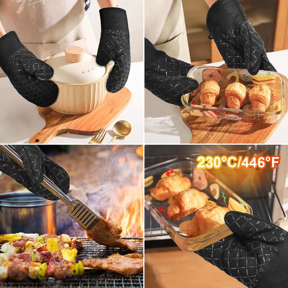 AUAUY 1 para rękawic żaroodpornych, odporne na temperaturę 230°C/446°F, rękawice BBQ z 2 rękawami, bawełniane rękawice piekarnicze, rękawice BBQ z silikonowymi paskami – rękawice do piekarnika