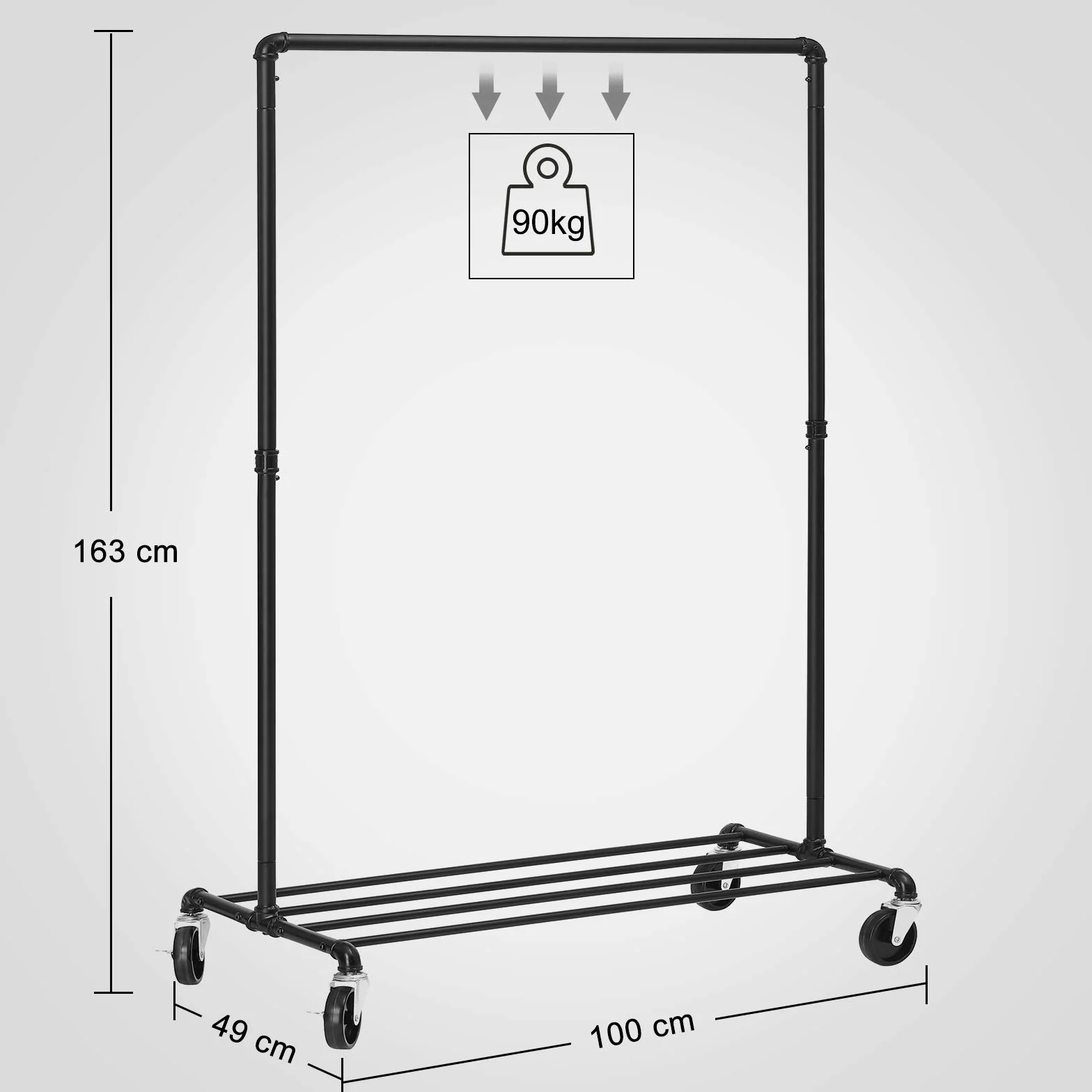 SONGMICS HSR61BK metalowy wieszak na ubrania na kółkach 90 kg czarny
