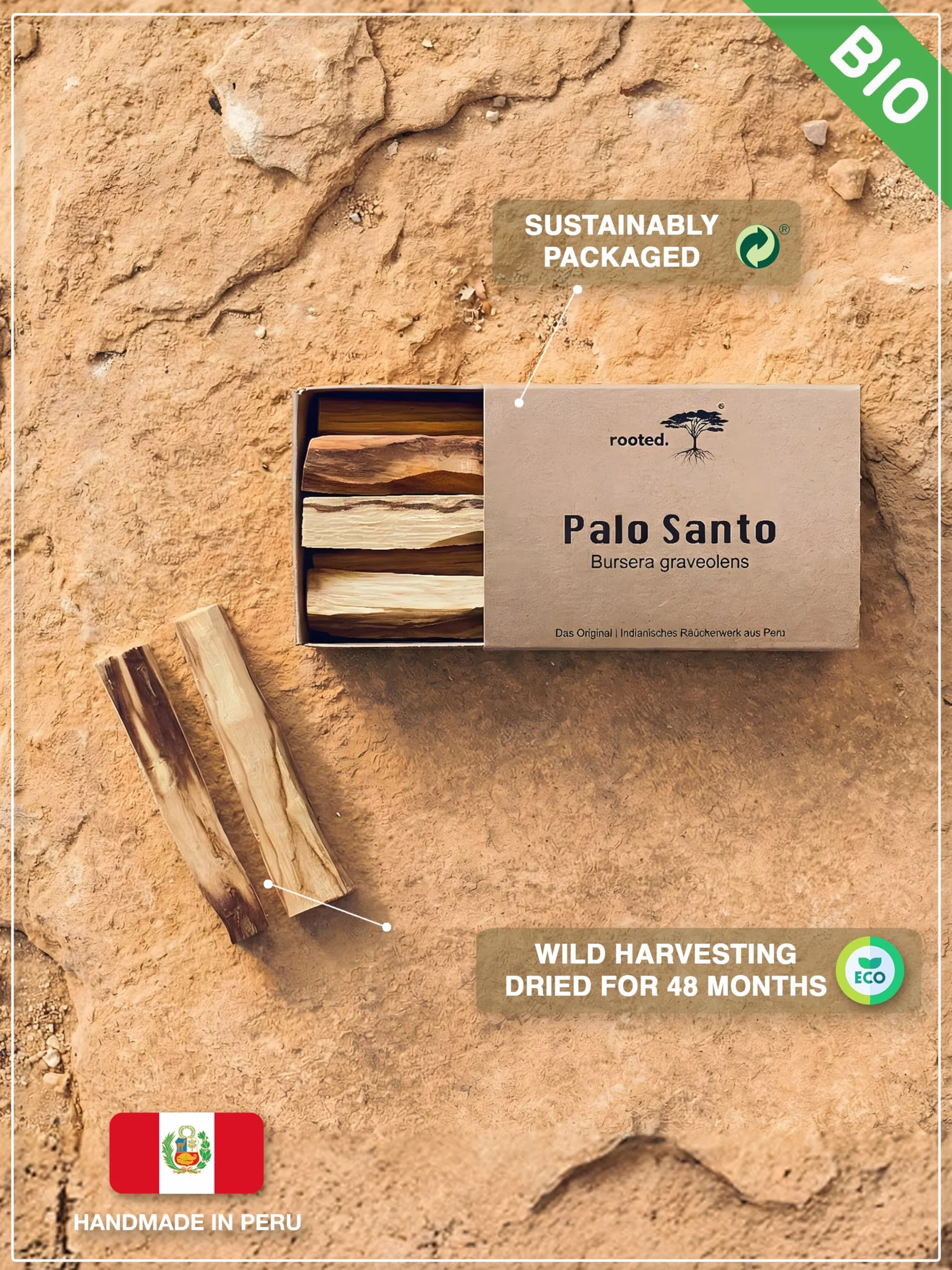 rooted. Oryginalne Palo Santo - indyjskie [drewno dymne] z Peru - święte drewno - 100% kontrolowane i zrównoważone zbiory - Medytacja i rytuały oczyszczania