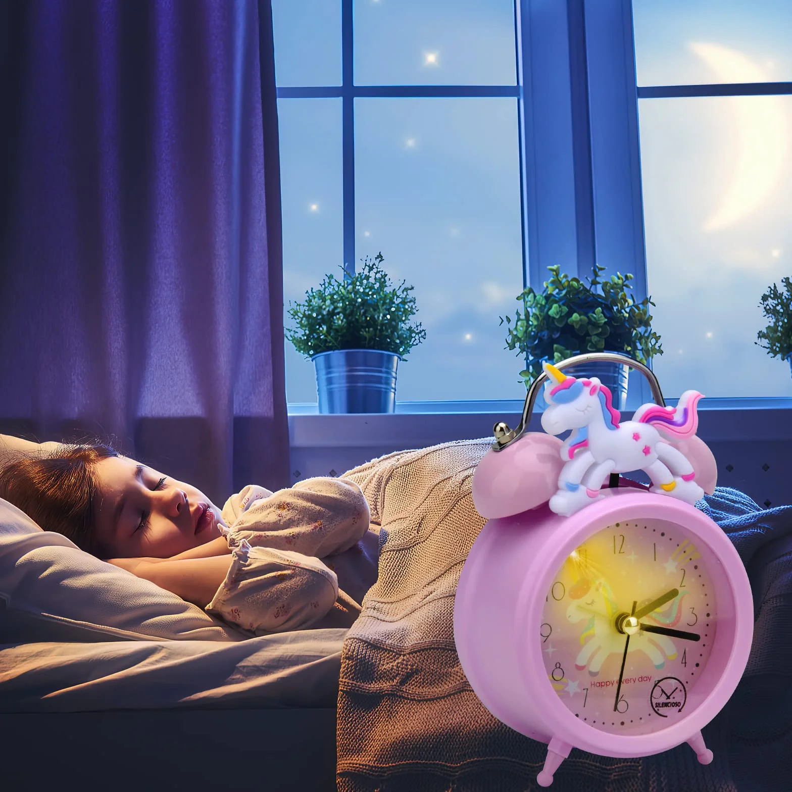 Budzik dziecięcy z jednorożcem, dla dziewcząt, nietykający, budzik dla dzieci, dziewczynki, cichy stolik nocny, klasyczny, głośny, podwójny zegar z podświetleniem tła (różowy)