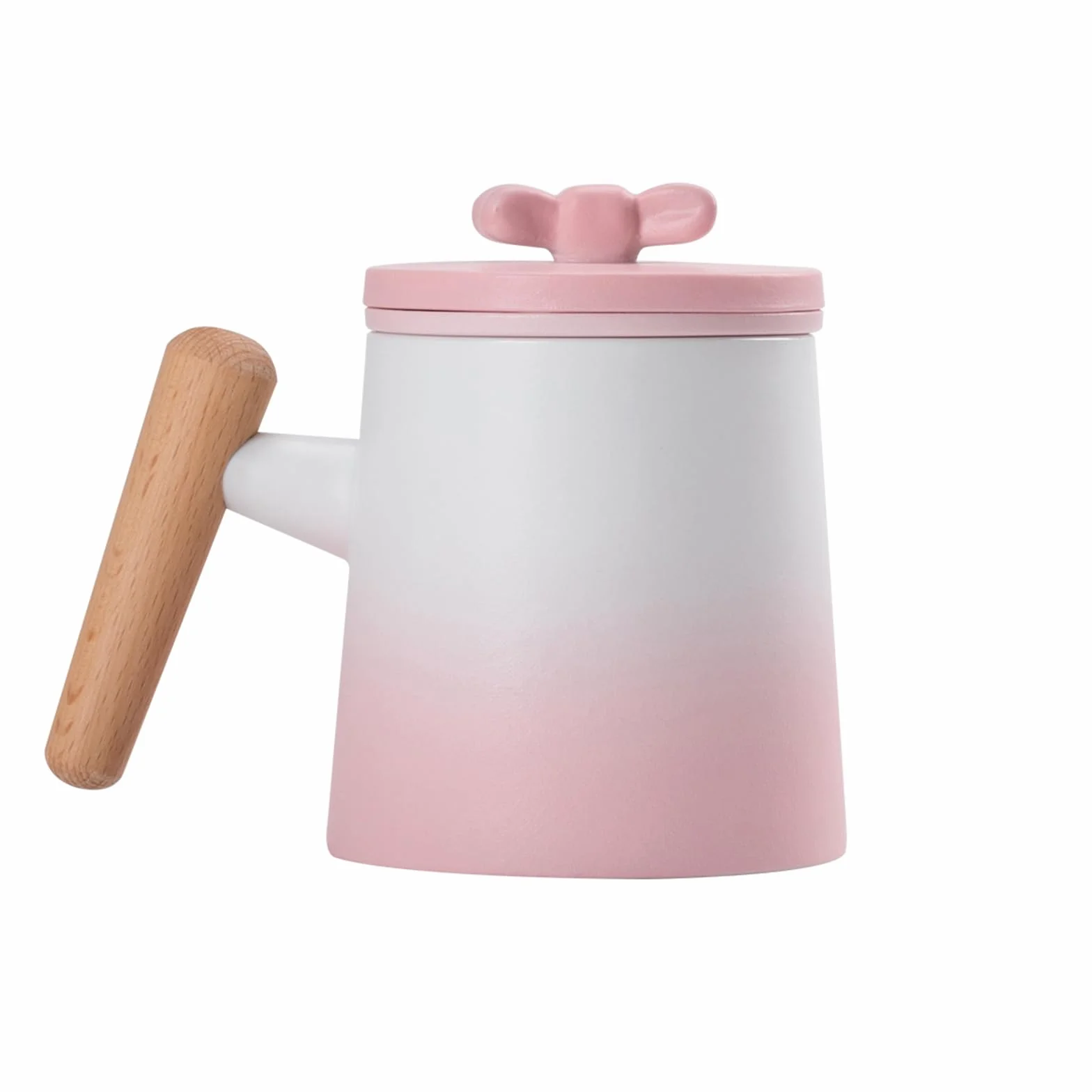 fanquare Porcelanowe kubki do herbaty gradientowa biała i różowa filiżanka do herbaty z pokrywką zaparzacza drewniany uchwyt, zaparzacza filiżanka do domowego biura 360 ml