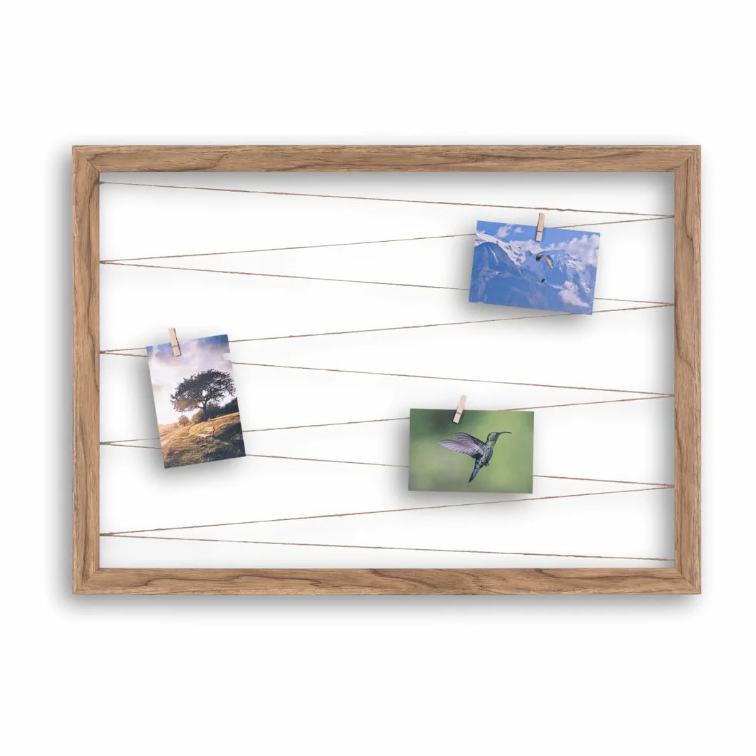 CLAMARO Uchwyt na zdjęcia "Collage Line" 70 x 50 cm, dąb Catania, format poziomy ramka na zdjęcia z taśmy jutowej i drewnianych klamerek, idealna jako kolaż fotograficzny, ściana na zdjęcia lub ramka