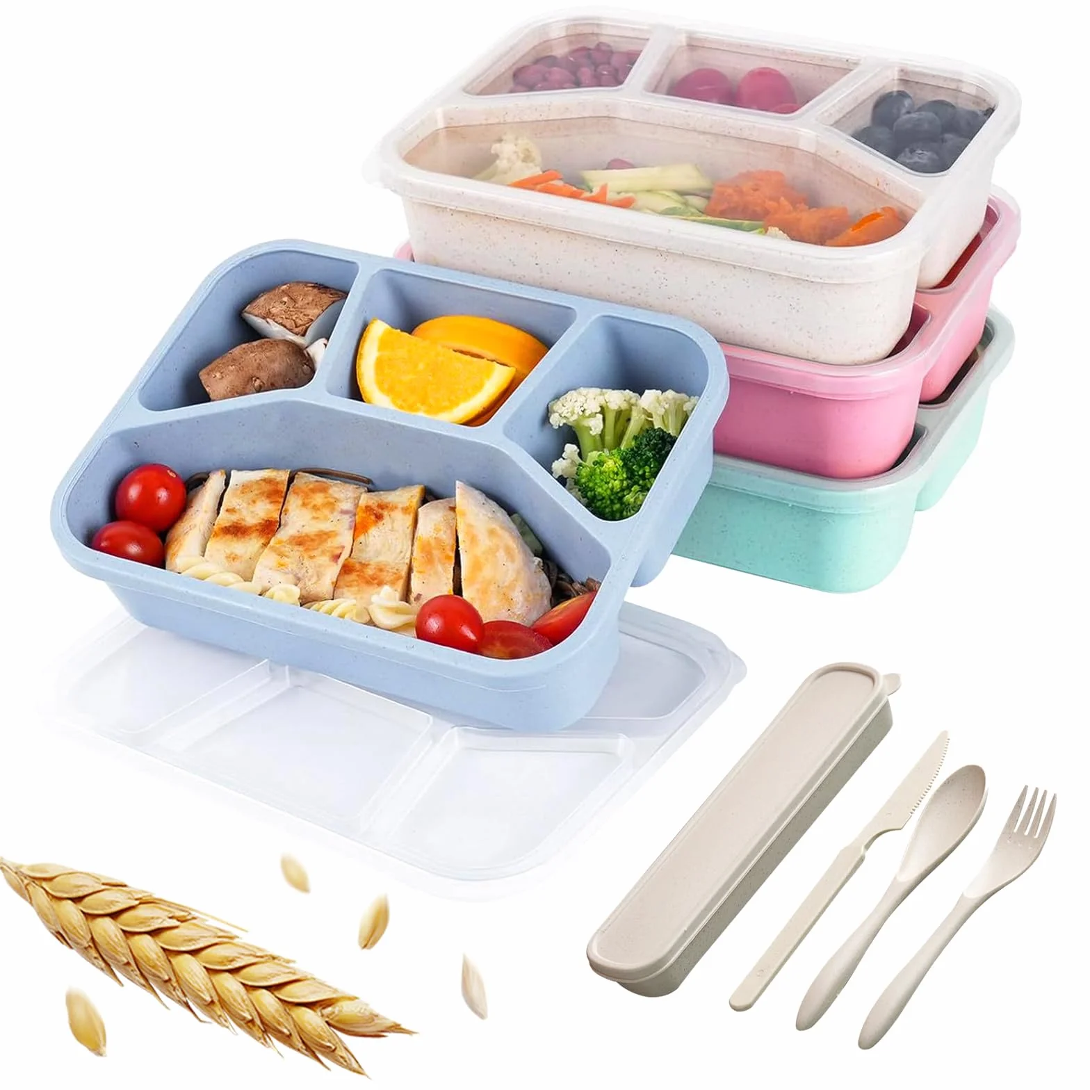 Zestaw pudełek na przekąski, 4-pak pudełka na lunch z łyżeczką i widelcem, 5 przegródek, bez BPA, wielokrotnego użytku, przeznaczone do kontroli porcji, do szkoły i na wynos. Kompaktowe