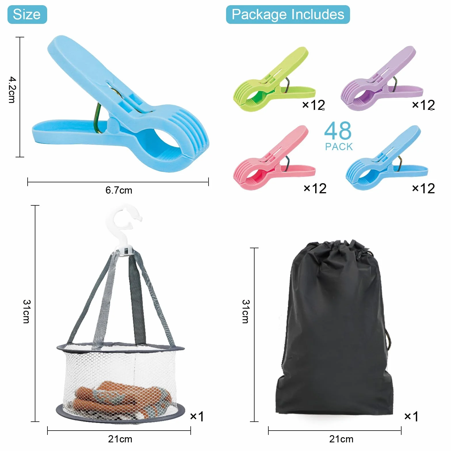 Realjoy 48 sztuk spinaczy do bielizny z koszem, kolorowe, antypoślizgowe klamerki do ubrań