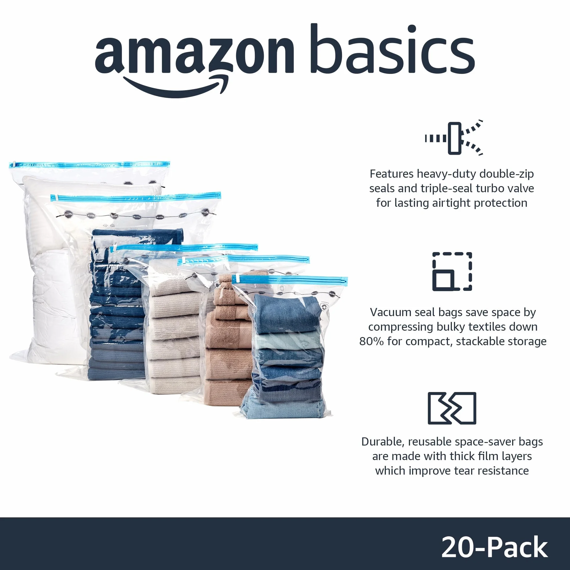 Amazon Basics Worki próżniowe na zamek błyskawiczny, worek do przechowywania, z pompką ręczną, 20 sztuk, przezroczyste