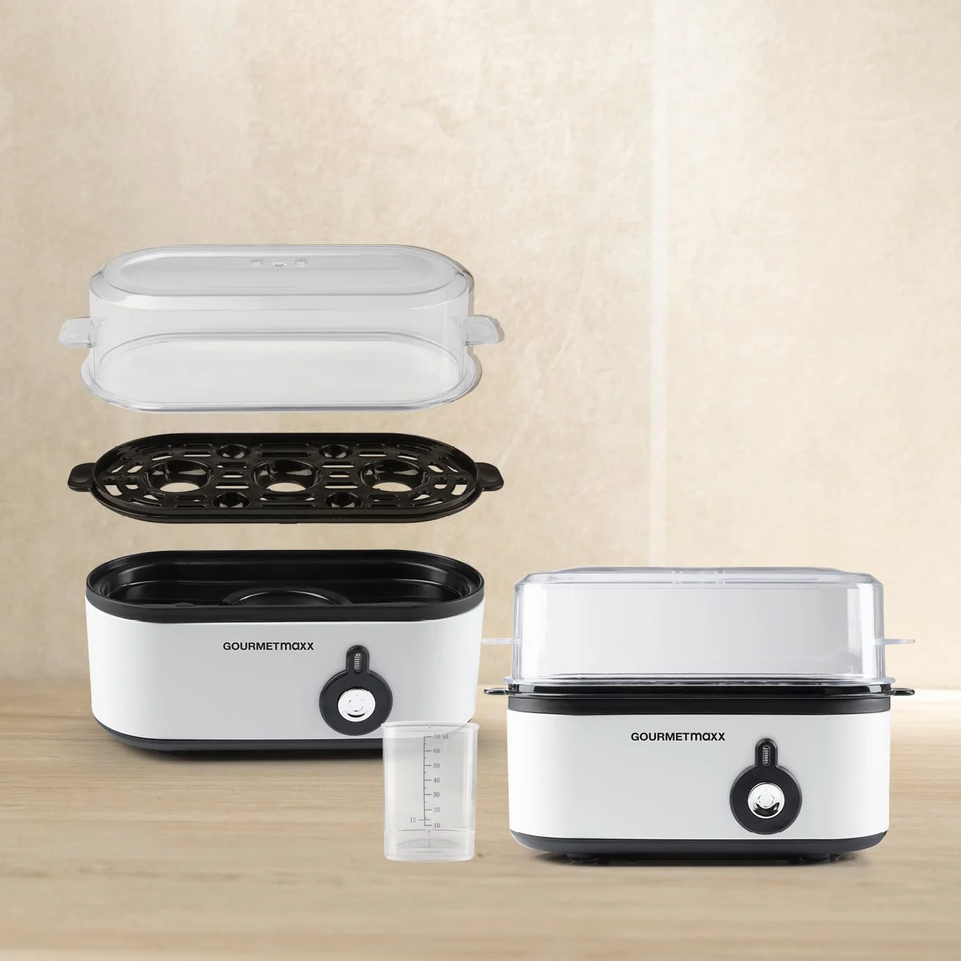 GOURMETmaxx Jajowar na 3 jajka | bojler do jajek z wykrawaczem do jajek w miarce | Egg Cooker – 3 stopnie twardości do kieliszków do jajek | Design mały jajowar – części nadające się do mycia w