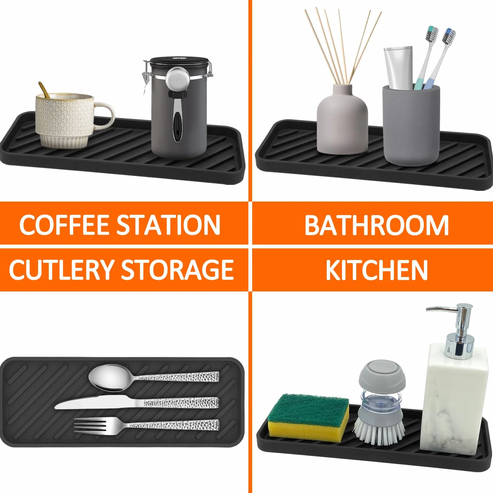 Silikonowy Organizator na Gąbkę - 30 x 11 cm, dla Kuchni i Łazienki, dla Gąbki, Szczotki, Mydło, Maty do Ociekania, Nadaje Się do Mycia w Zmywarce (Czarny, 1 Sztuka)