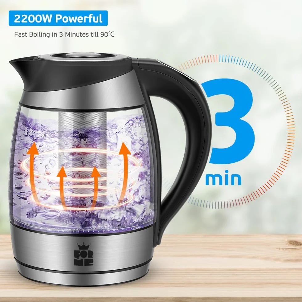 ForMe Szklany Czajnik Elektryczny 1,8L Regulowana Temperatura 40-100°C 7 Kolorów LED Stal Nierdzewna