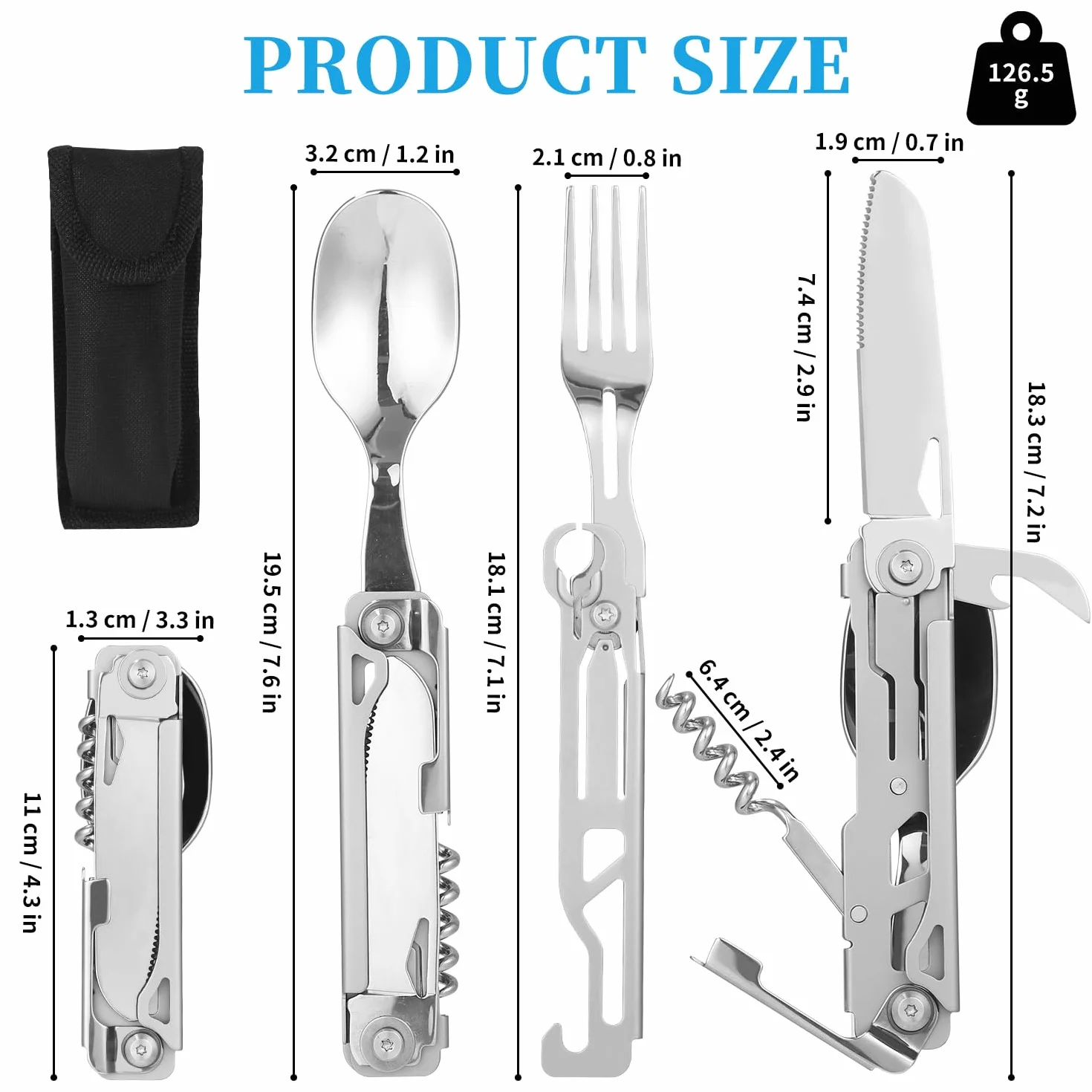 Outdoor Camping Utensil Zastawa stołowa, Sztućce ze stali nierdzewnej 5 w 1 składan,100% bezpieczne dla żywności,przenośny zestaw sztućców ze stali nierdzewnej do podróży, z etui ze sznurkiem