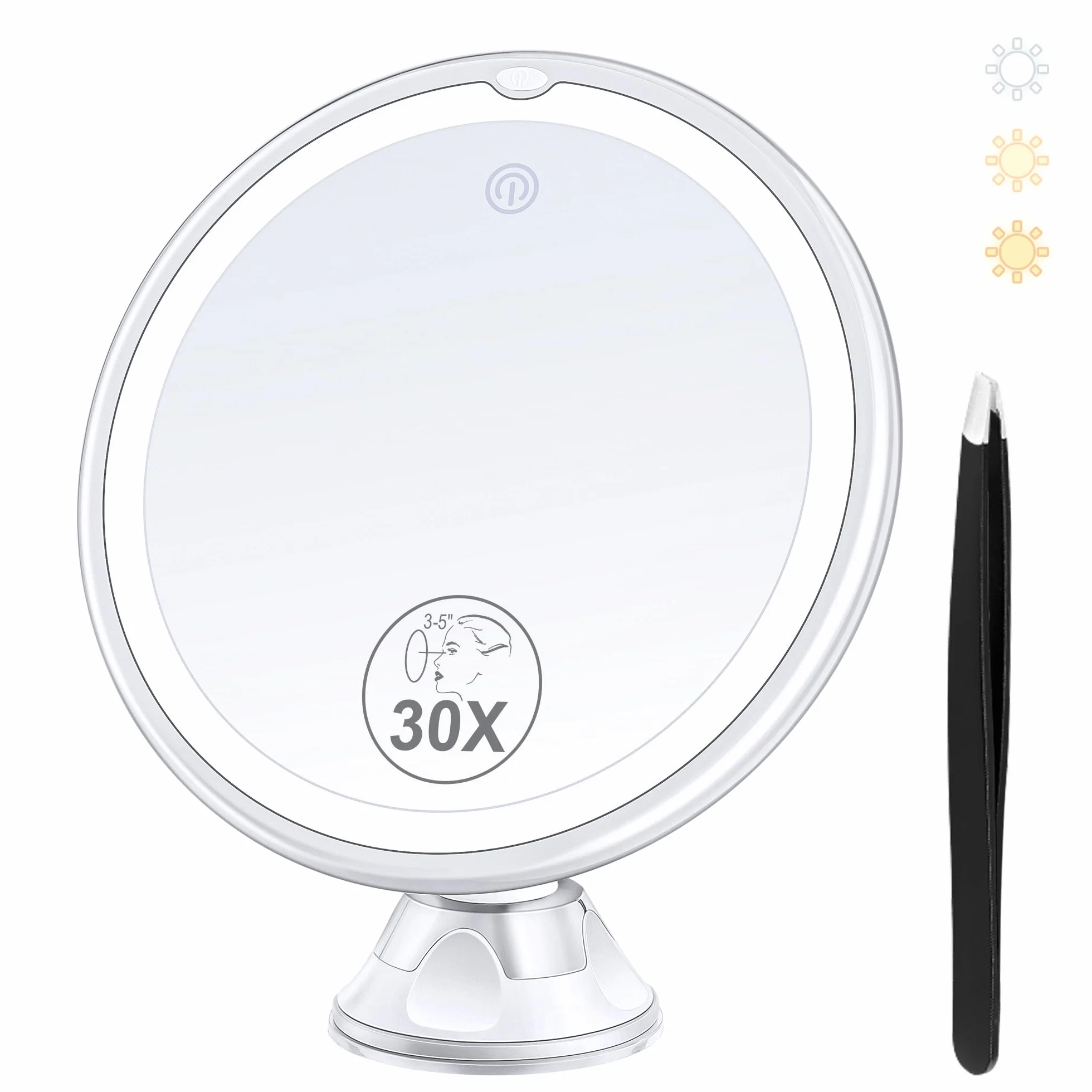 MIYADIVA Lusterko powiększające 30x z oświetleniem – do makijażu, 3 tryby kolorów, regulowana jasność, obracane 360°, przyssawka do łazienki, 20 cm