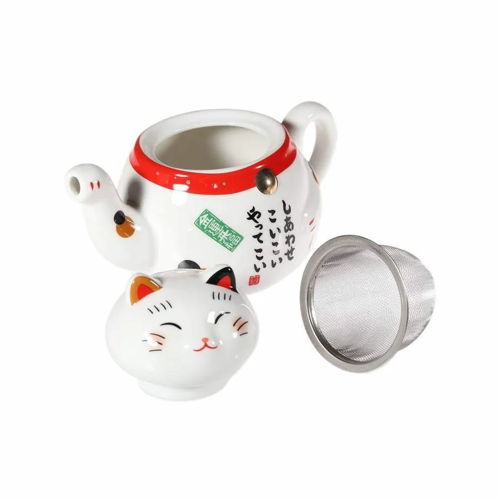 Japoński serwis do herbaty Maneki Neko – dzbanek z sitkiem i filiżanka z porcelany – prezent na urodziny