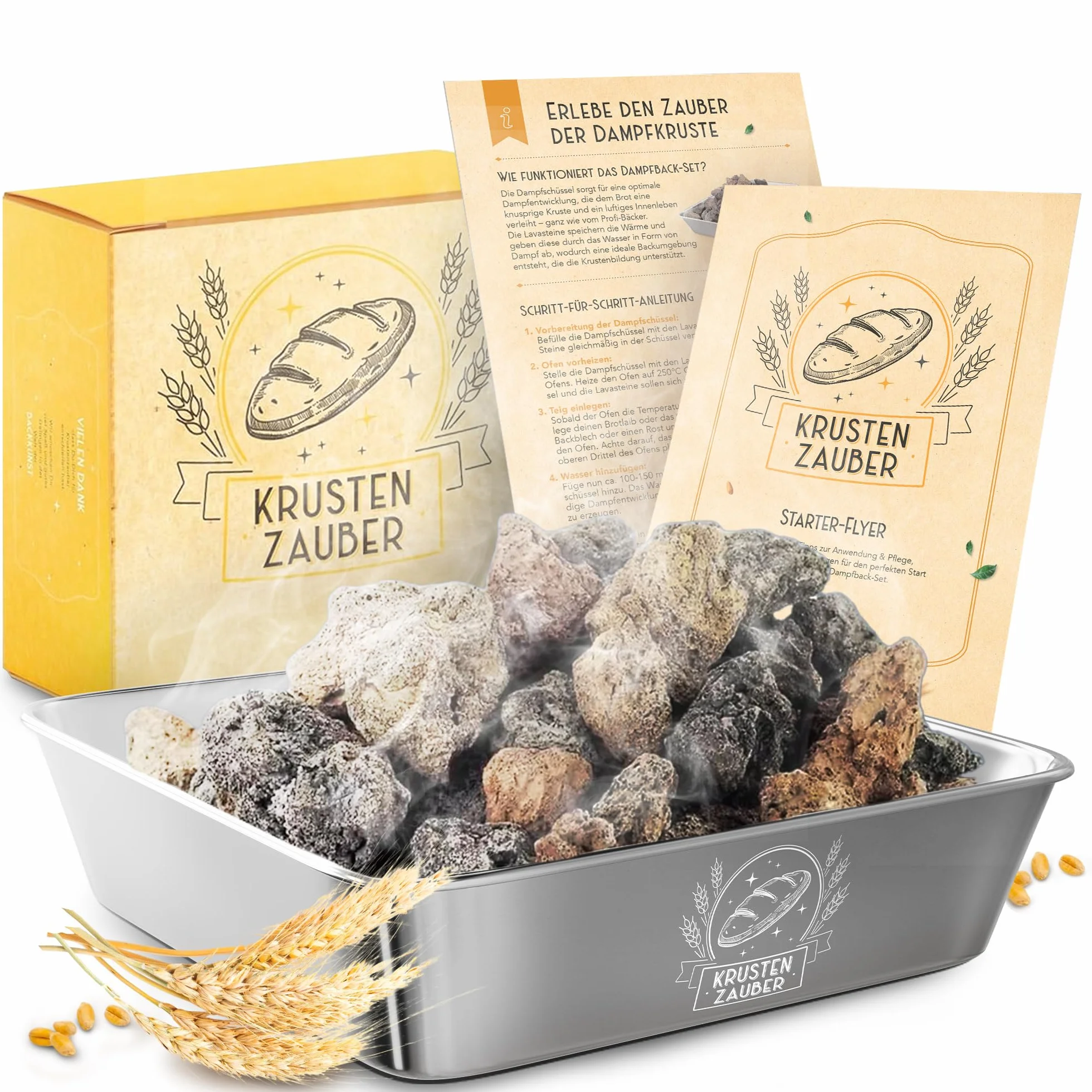 KRUSTENZAUBER Kamienie lawowe do pieczenia chleba, w zestawie miska na parze ze stali nierdzewnej dla optymalnego rozprowadzania ciepła dzięki naturalnej parze wodnej, akcesoria do chleba chrupiącego