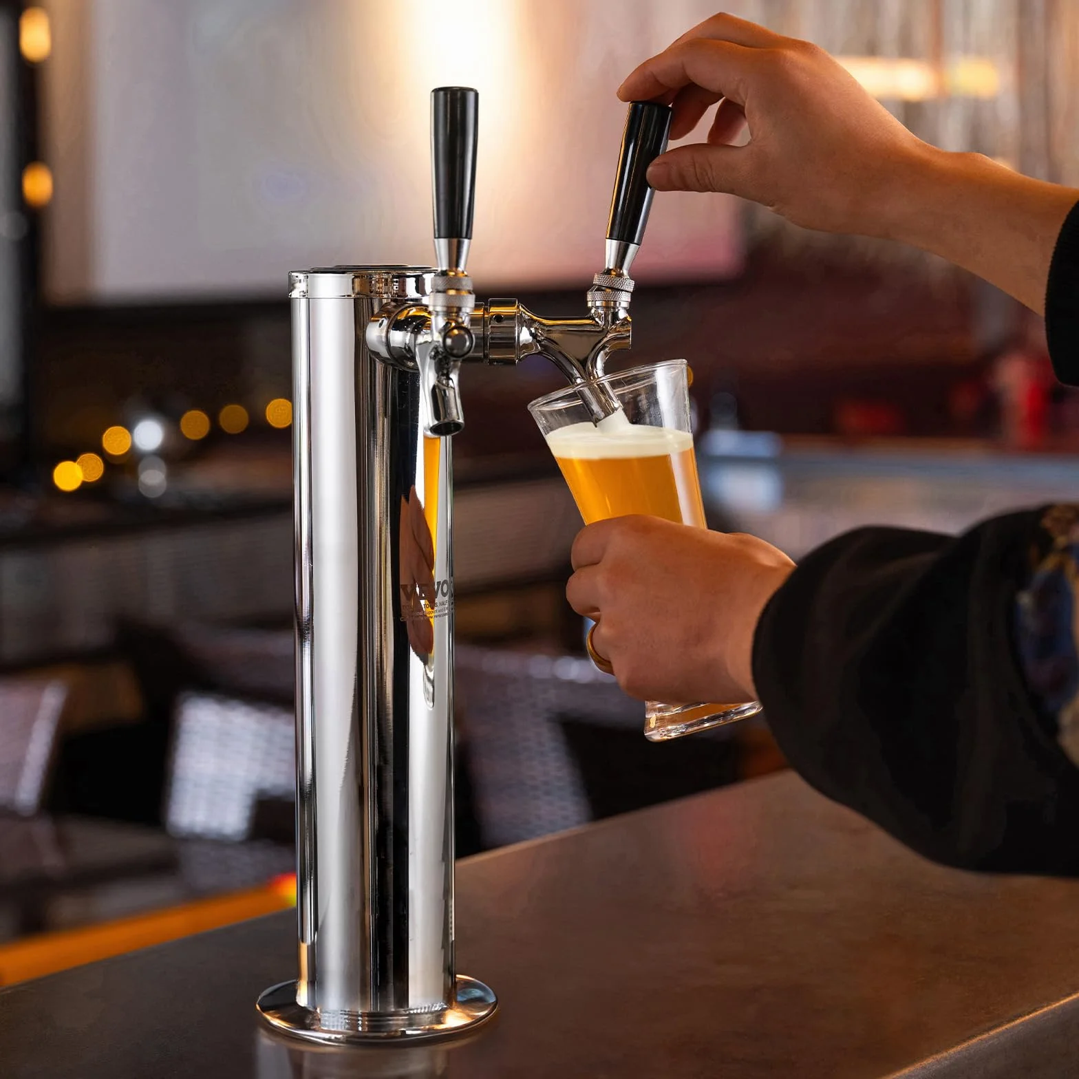 VEVOR Kegerator zestaw do konwersji piwa z dwoma kranami, dozownik wieży piwa ze stali nierdzewnej z podwójnym urządzeniem pomiarowym W21.8 i sprzęgłem beczkowym systemu A, tacka na imprezy w domu