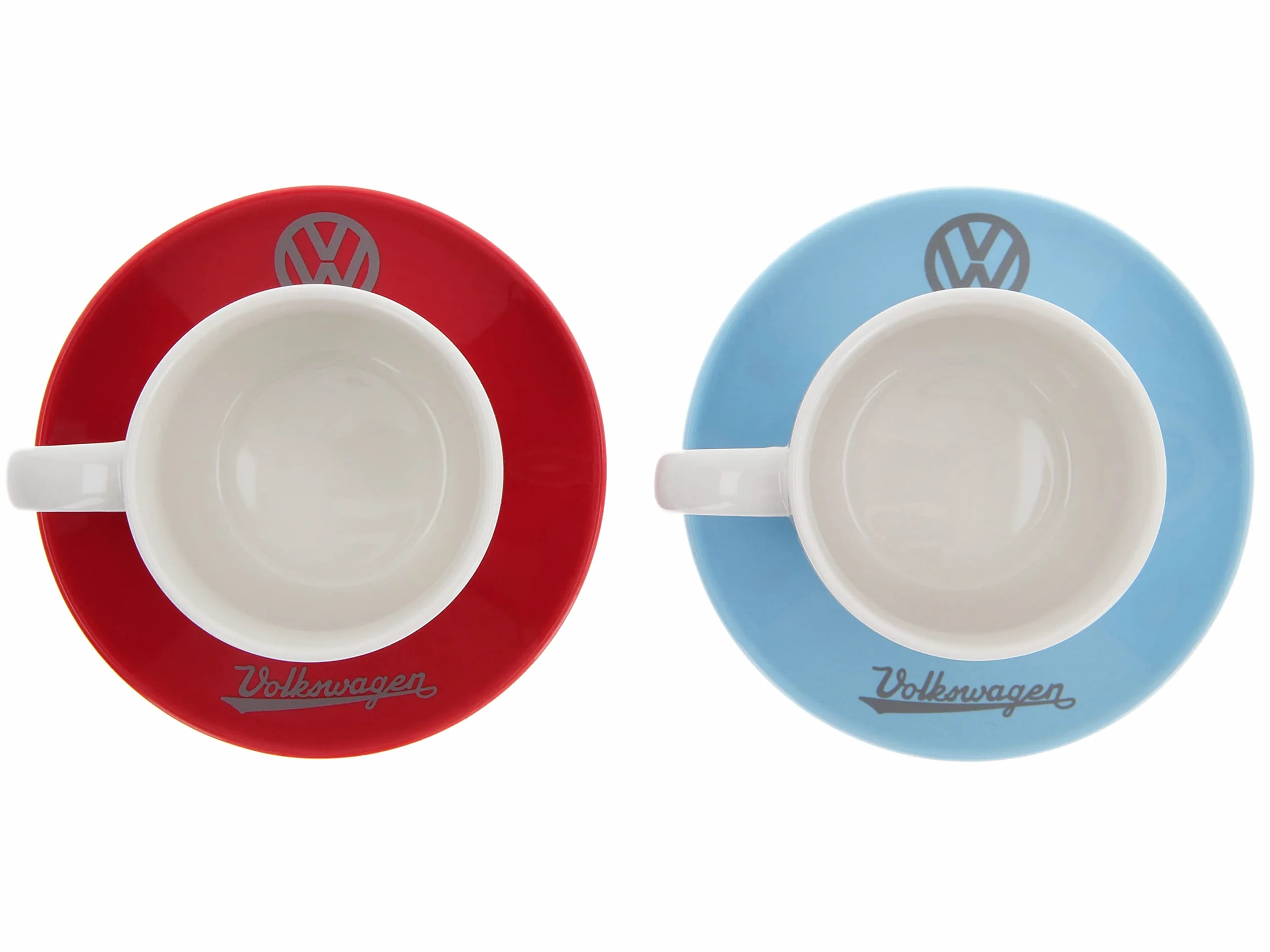 BRISA VW Collection – Volkswagen 2-częściowy zestaw ceramicznych filiżanek do espresso ze spodkami T1 Bulli Bus (100 ml/przód/czerwony i niebieski)