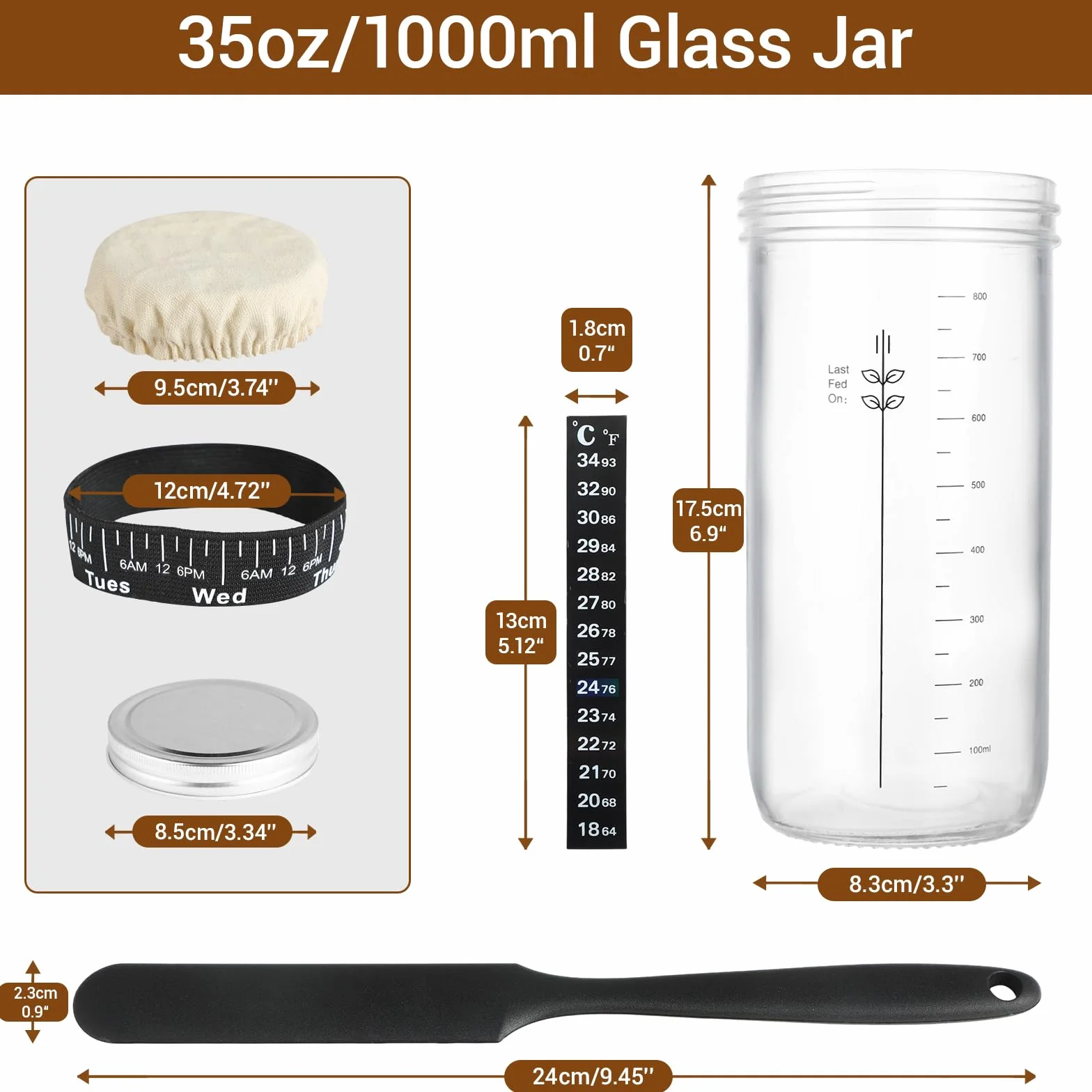 35 uncji/1000 ml słoik fermentacyjny, słoik fermentacyjny z termometrem, szpatułką silikonową, aluminiową pokrywką i taśmą do karmienia wielokrotnego użytku