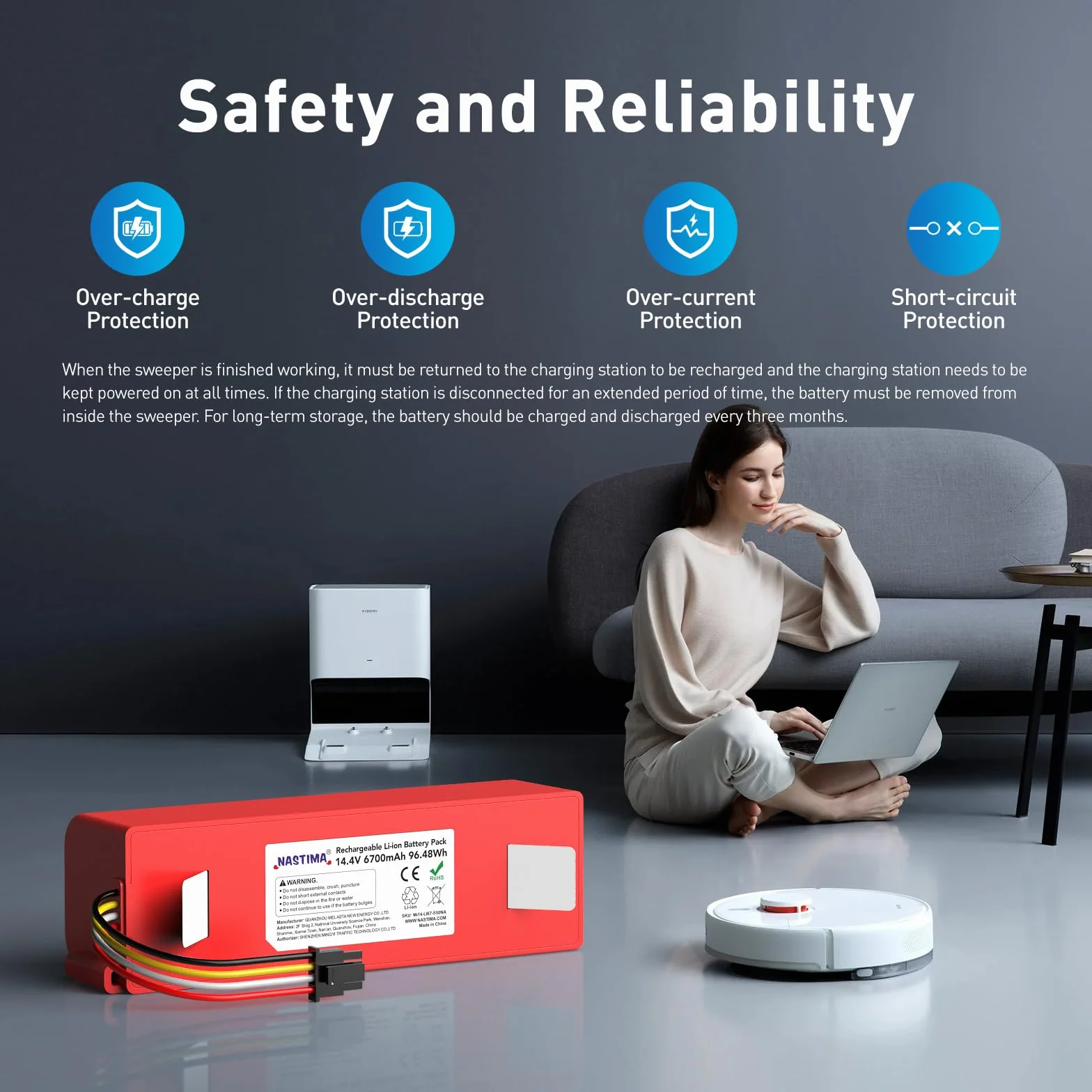 Akumulator Li-Ion 14,4V 6700mAh 96,48Wh Kompatybilny z Xiaomi Roborock S50 S51 S52 S53 S55 S502 S5 Max S6 T6 61 65 Xiaowa E20 Mijia 1. i 2. generacji Zastępczy z BMS