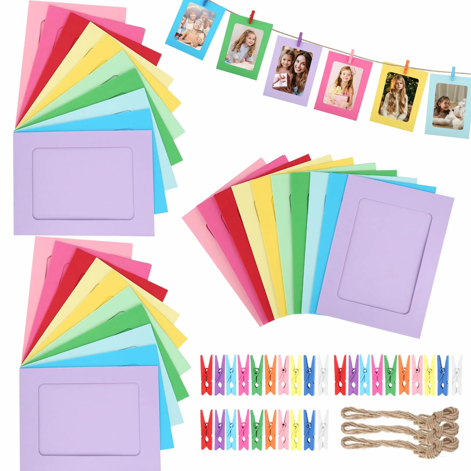 30 sztuk papierowych ramek na zdjęcia, kolorowa ramka na zdjęcia, 11,5 x 15,5 cm, w 10 kolorach, z drewnianymi klamerkami, mała i lina konopna, kreatywna papierowa ramka na zdjęcia, kartonowa ramka na