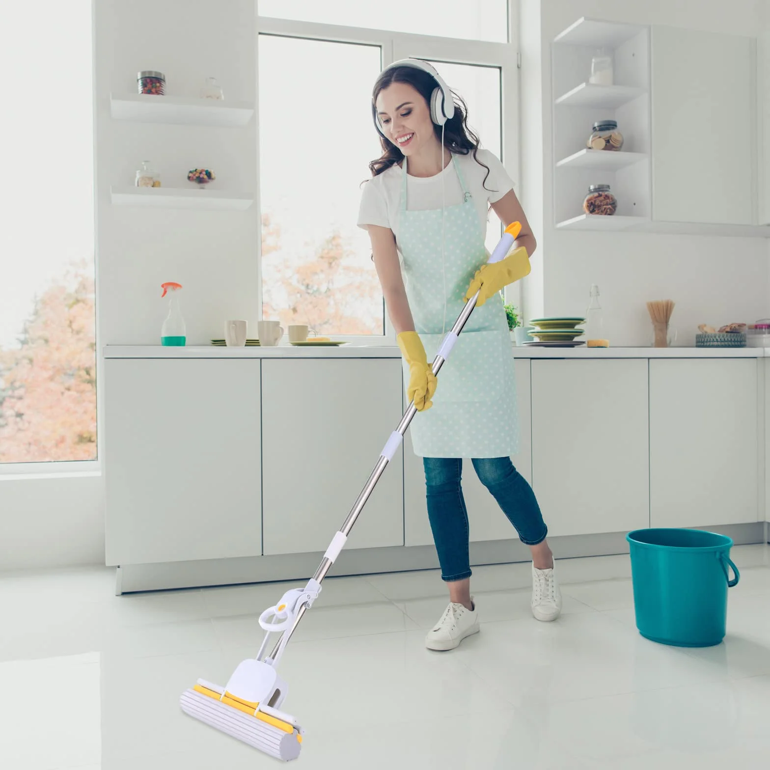 PVA mop gąbkowy do podłóg 60 cm uchwyt samonastawny 15 głowic z wyciskaczem
