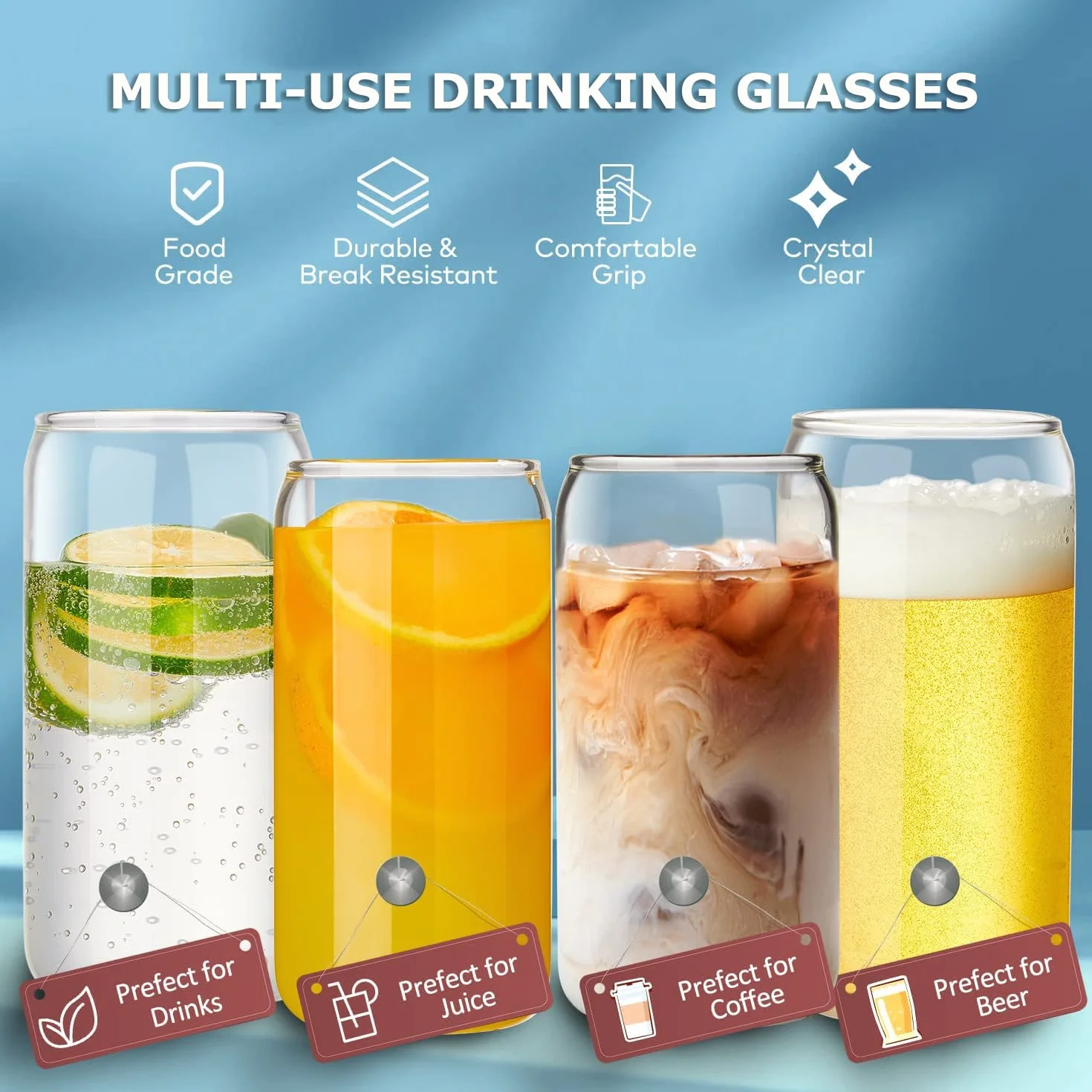 Szklanki do napojów z pokrywką i słomką, szklanki do kawy mrożonej 500 ml, estetyczne szklanki ze słomką, szklane kubki do smoothie, latte, macchiato, whisky (6 szt.)