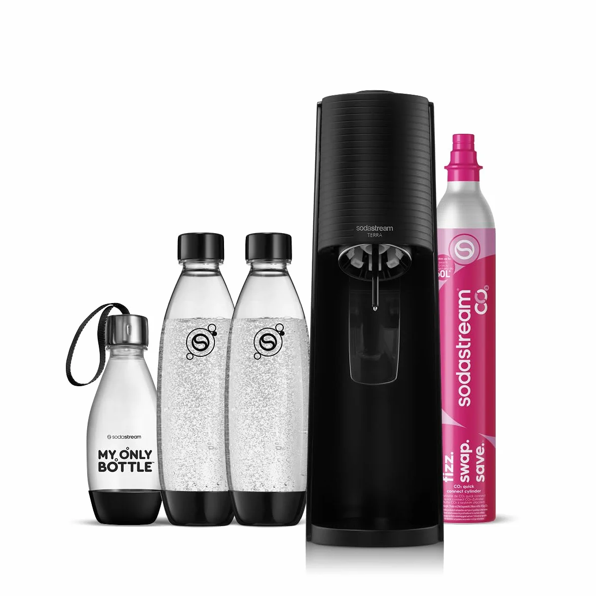 SodaStream Saturator do wody TERRA opakowanie ekonomiczne z cylindrem CO2, 2 x butelka z tworzywa sztucznego 1 l nadająca się do mycia w zmywarce i 1 x 0,5 l butelka z tworzywa sztucznego, wysokość 44 cm, czarna
