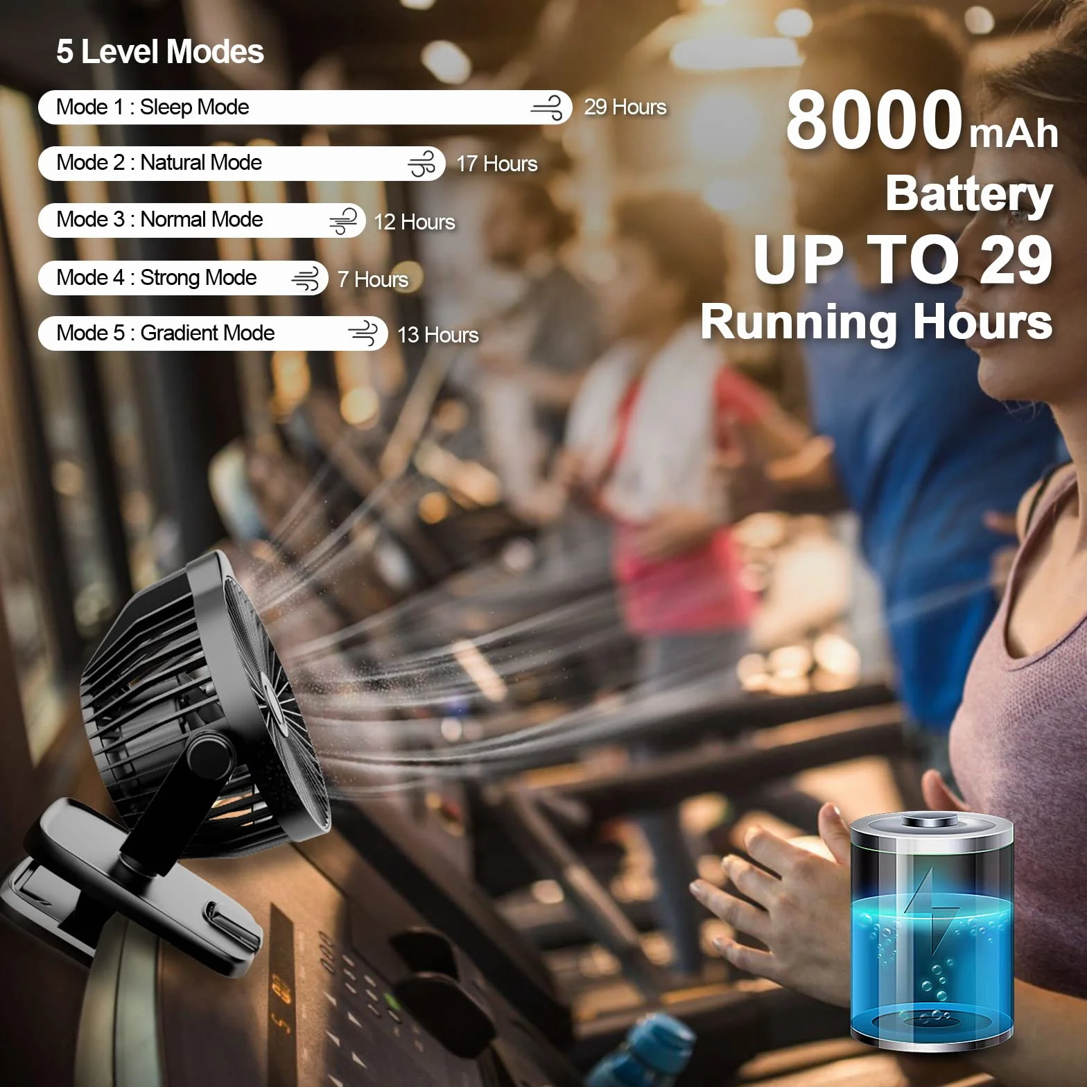 8000mAh Rechargeable USB Desk Fan Clip on Fan z pilotem i wyświetlaczem LED, 5 prędkości 360° Obrót, Mini wentylator biurkowy