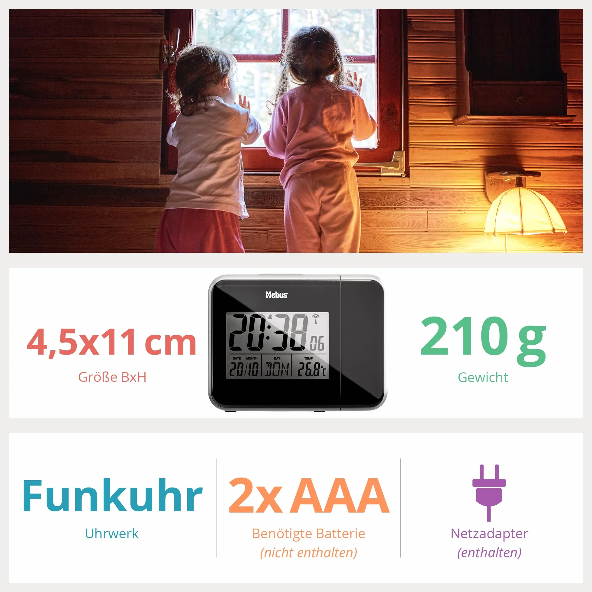 Mebus cyfrowy radiobudzik z projekcją czasu na ścianie sufitowej, w tym wtyczka zasilania, możliwość pracy na baterie, projekcja ciągła, obrotowy, termometr/kolor: czarny/model: 42425