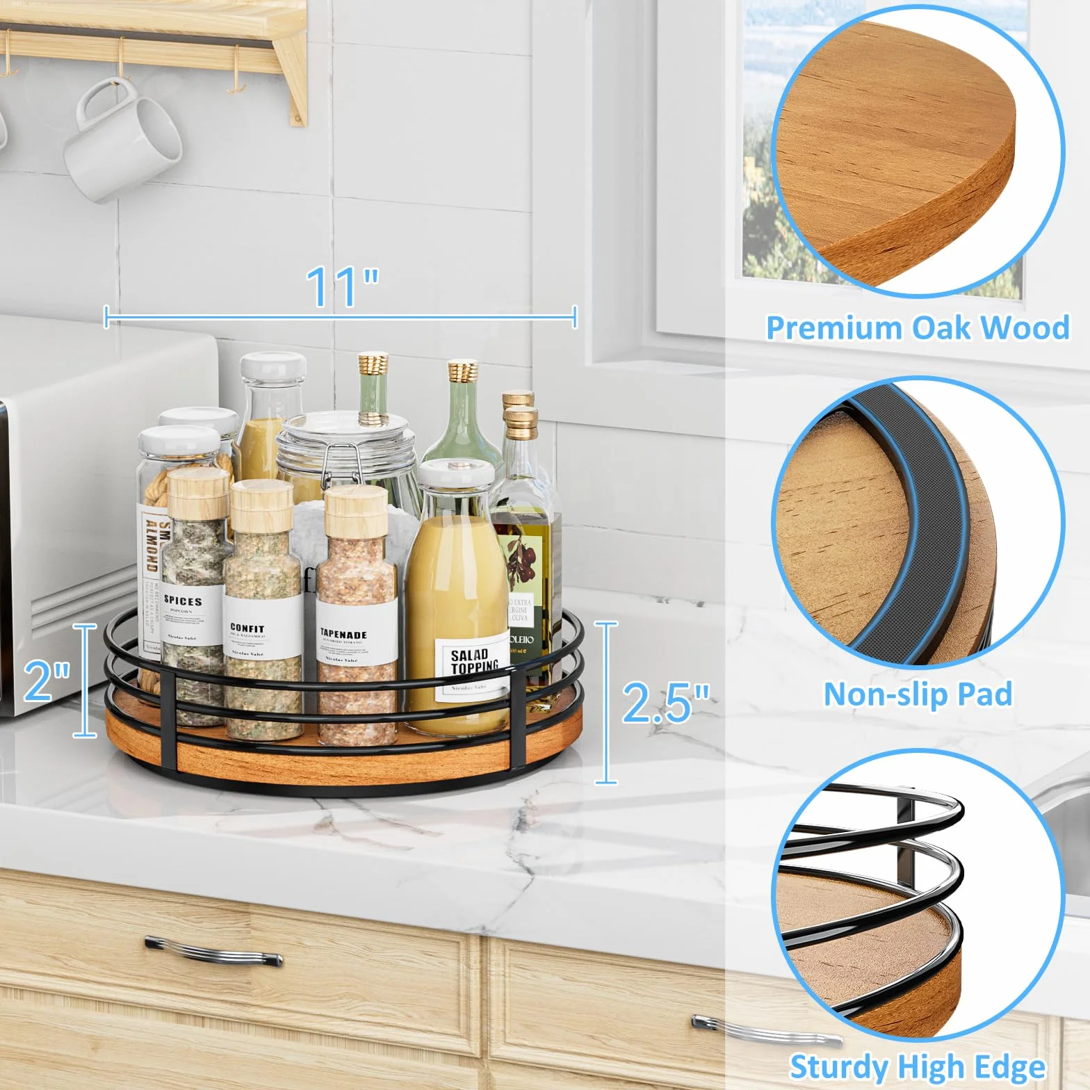 OVICAR Wood Lazy Susan Gramofon Organizer – 28 cm, okrągły, drewniany, leniwy Susan, do szafki, kuchni, stołu, spiżarni, łazienki, kawiarni, baru, przechowywania przypraw, dekoracja domu
