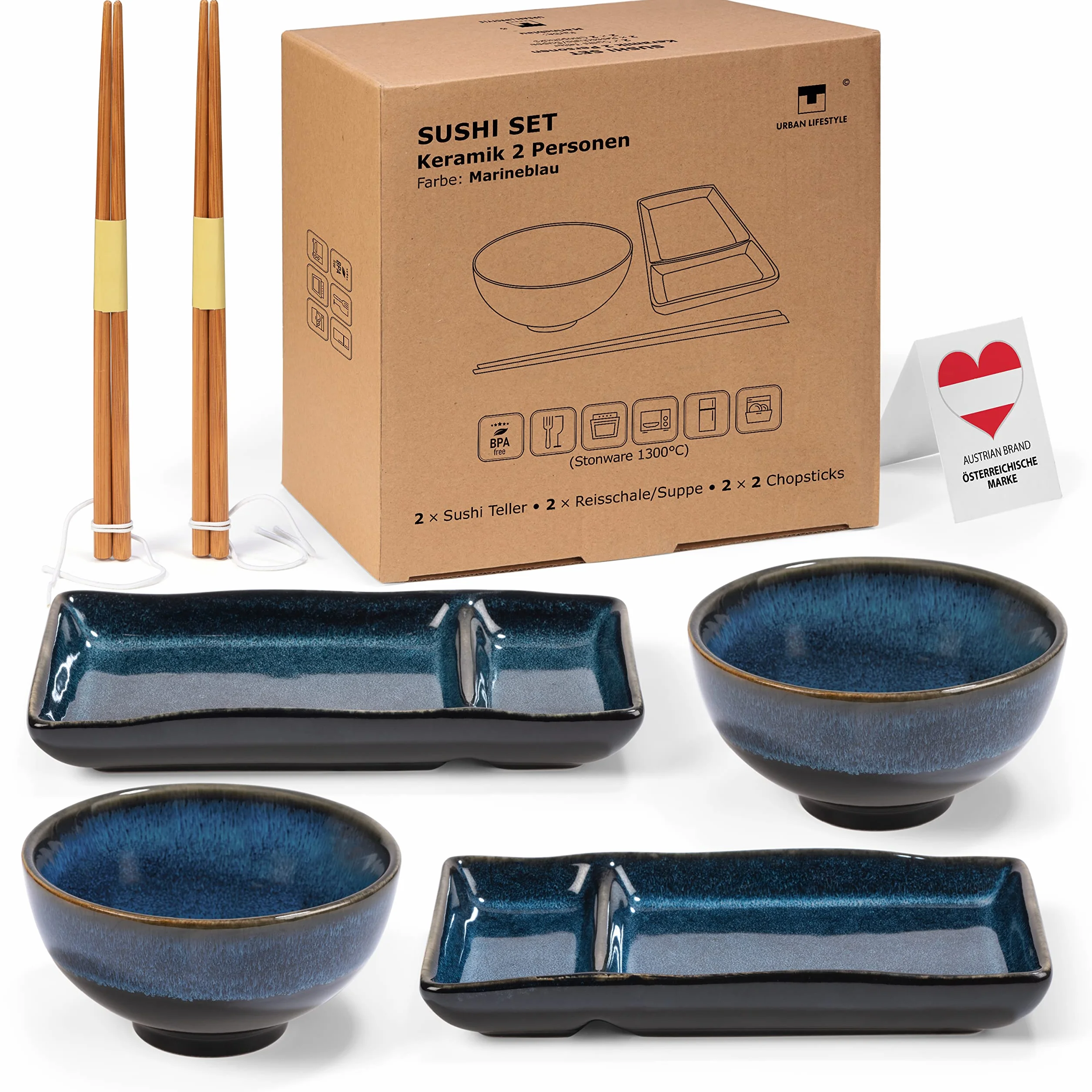 Zestaw do sushi Misaki w kolorze szaro-niebieskim dla dwóch osób, 2 talerze do sushi, 2 miski z ceramiki, 2 pary pałeczek z bambusa (Granatowy)