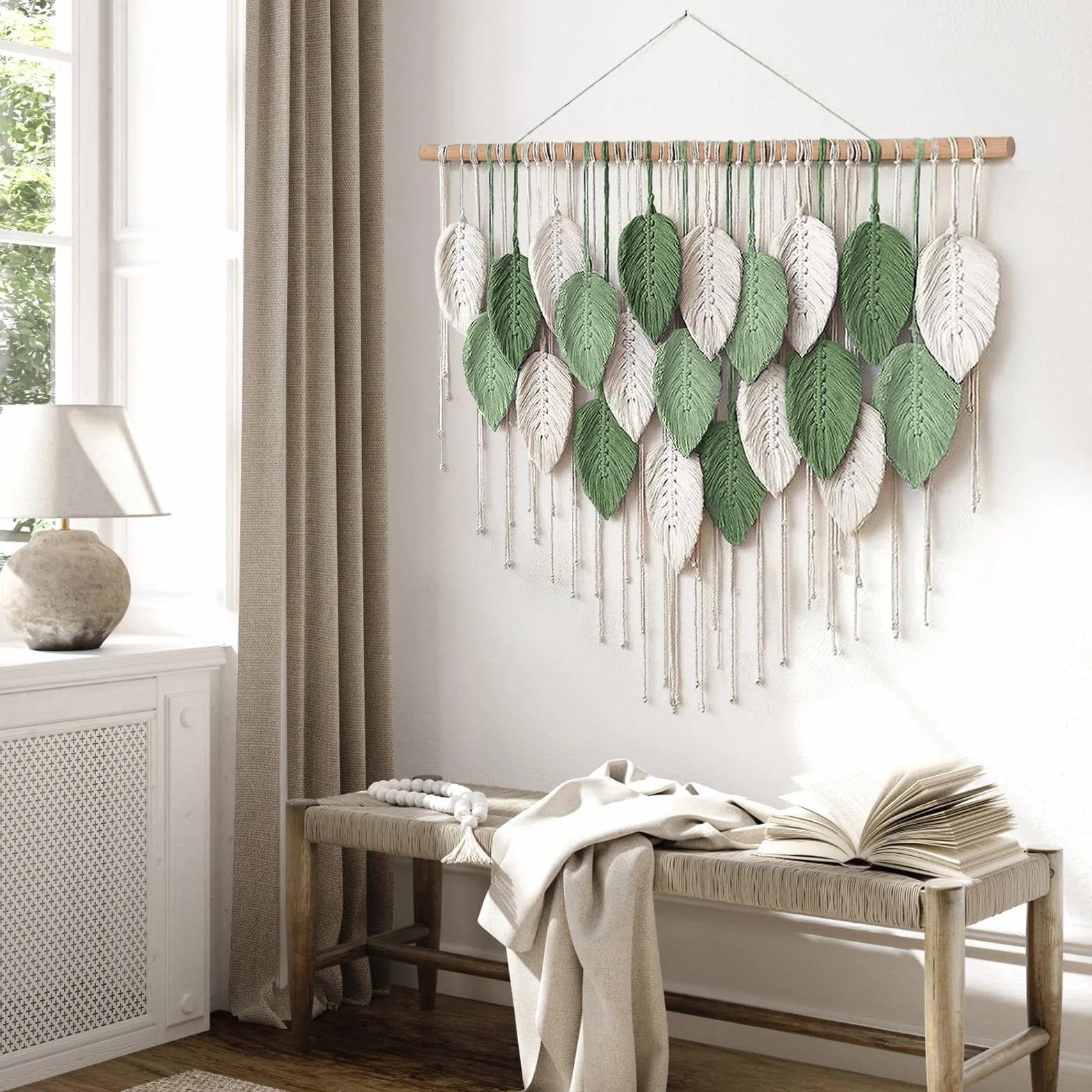 Weldomcor Makrama wisząca na ścianę, duży tkany gobelin, wisząca na ścianie, makrama boho, dekoracja ścienna z liśćmi, ozdoba z piórami, elegancka sztuka tkana, dekoracja do sypialni, salonu (D)